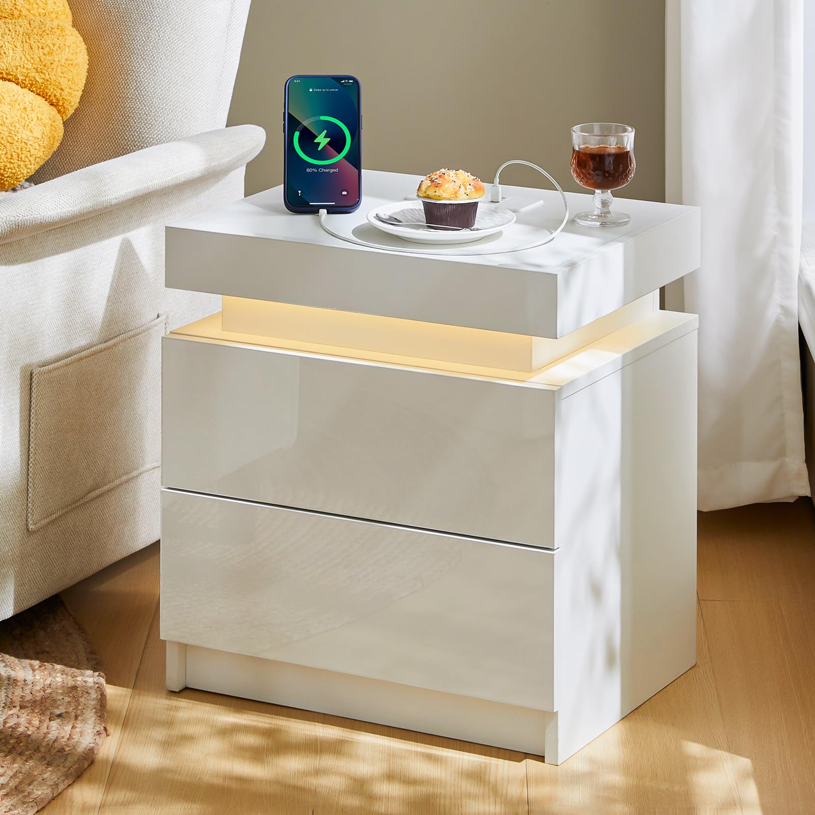 TUKAILAi Bedside Table with Bluetooth LED Lights & Charging Station
