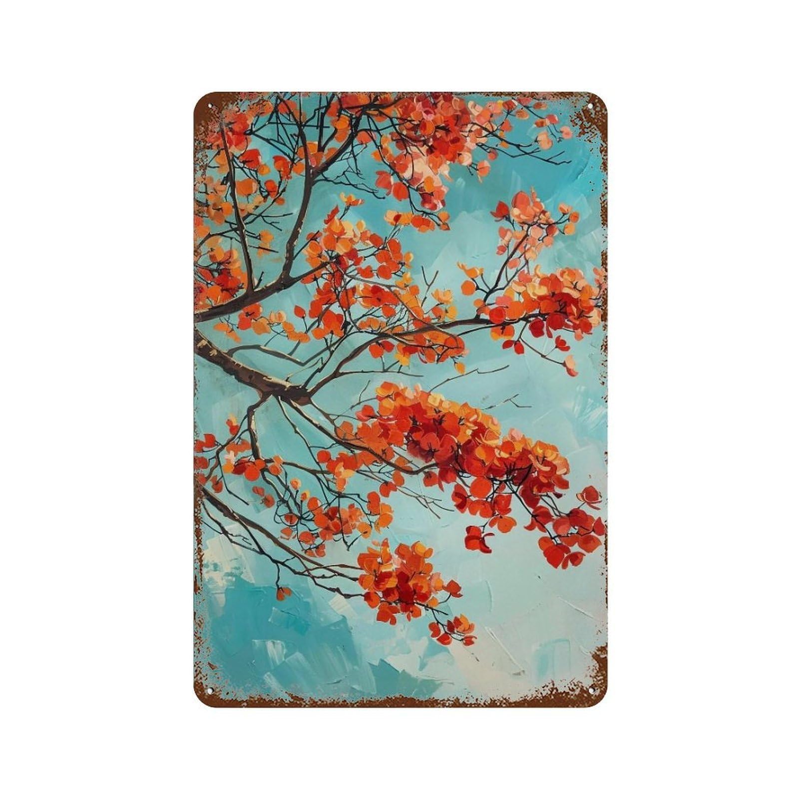 Wihyrtui Style Textured Realistic Blue Sky Flame Foliage Vista 03 Wall Retro Iron Metal Tin Sign Vintage Art Poster Modern Home Cofffee Club Art Bar Shop Decor 30X20cm