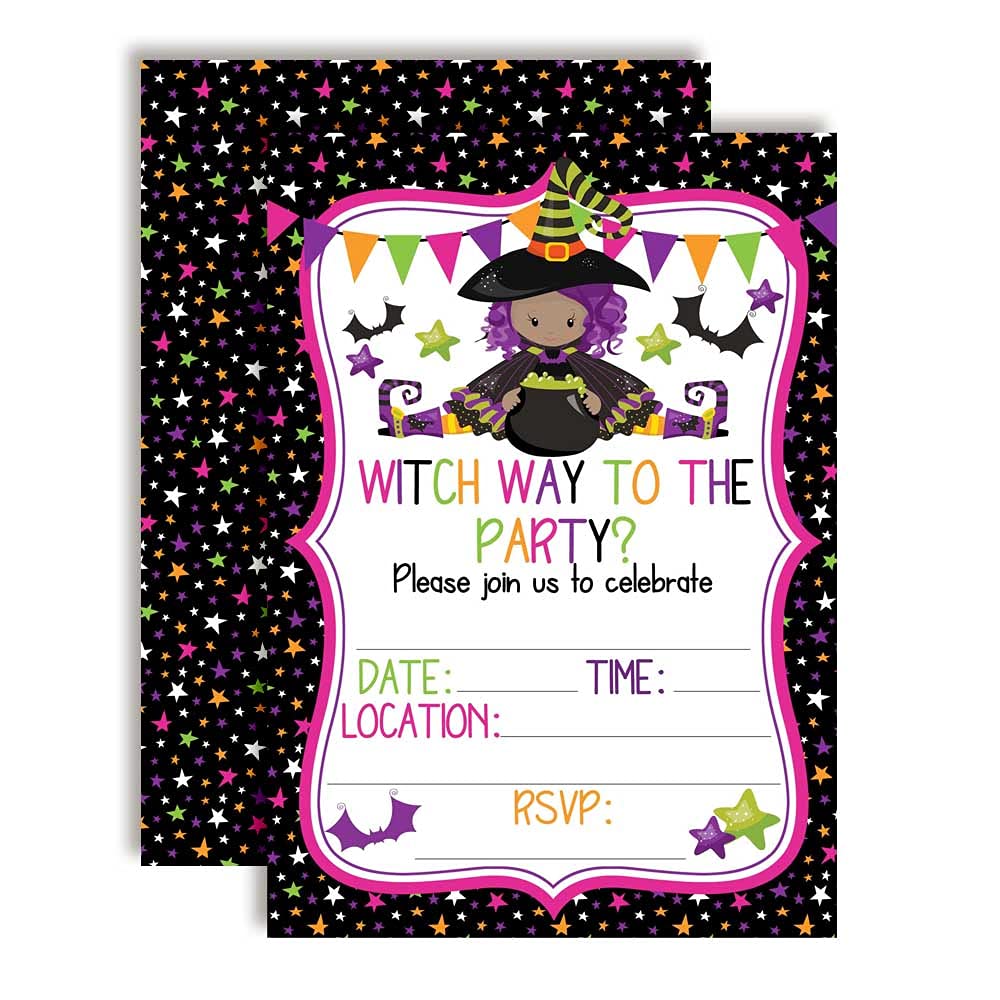 Amanda Creation Witch Way To The Party Cute Halloween Witch (With Dark Complexion) Party Invitations, 20 5"x7" Fill In Cards with Twenty White Envelopes by