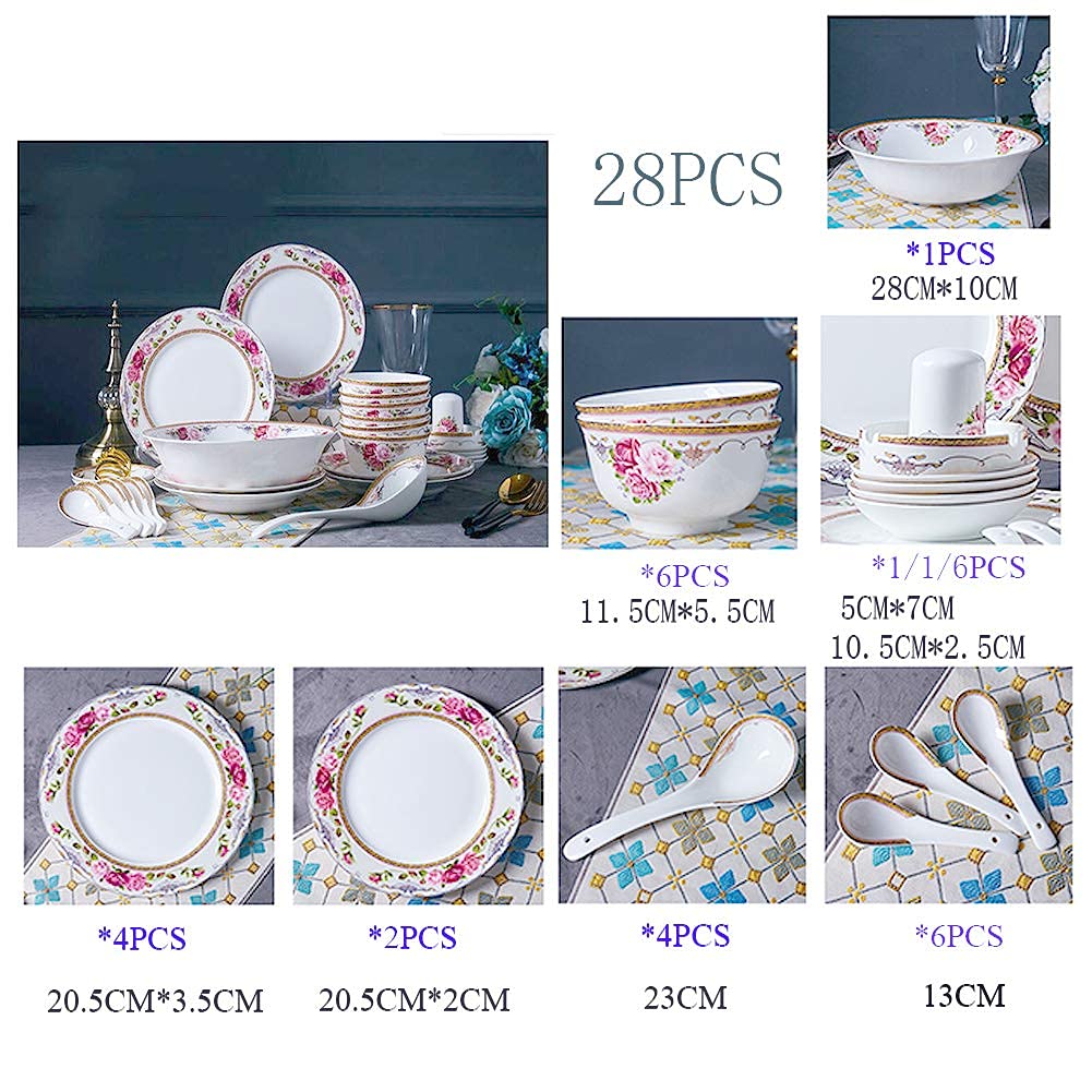 Zestaw naczyń z porcelany kostnej Flower Zestaw naczyń/talerzy/misek z porcelany Zestawy obiadowe z ceramikiZestawy eleganckiej zastawy stołowejMożna myć w,28 szt. Serwis dla 6 osób