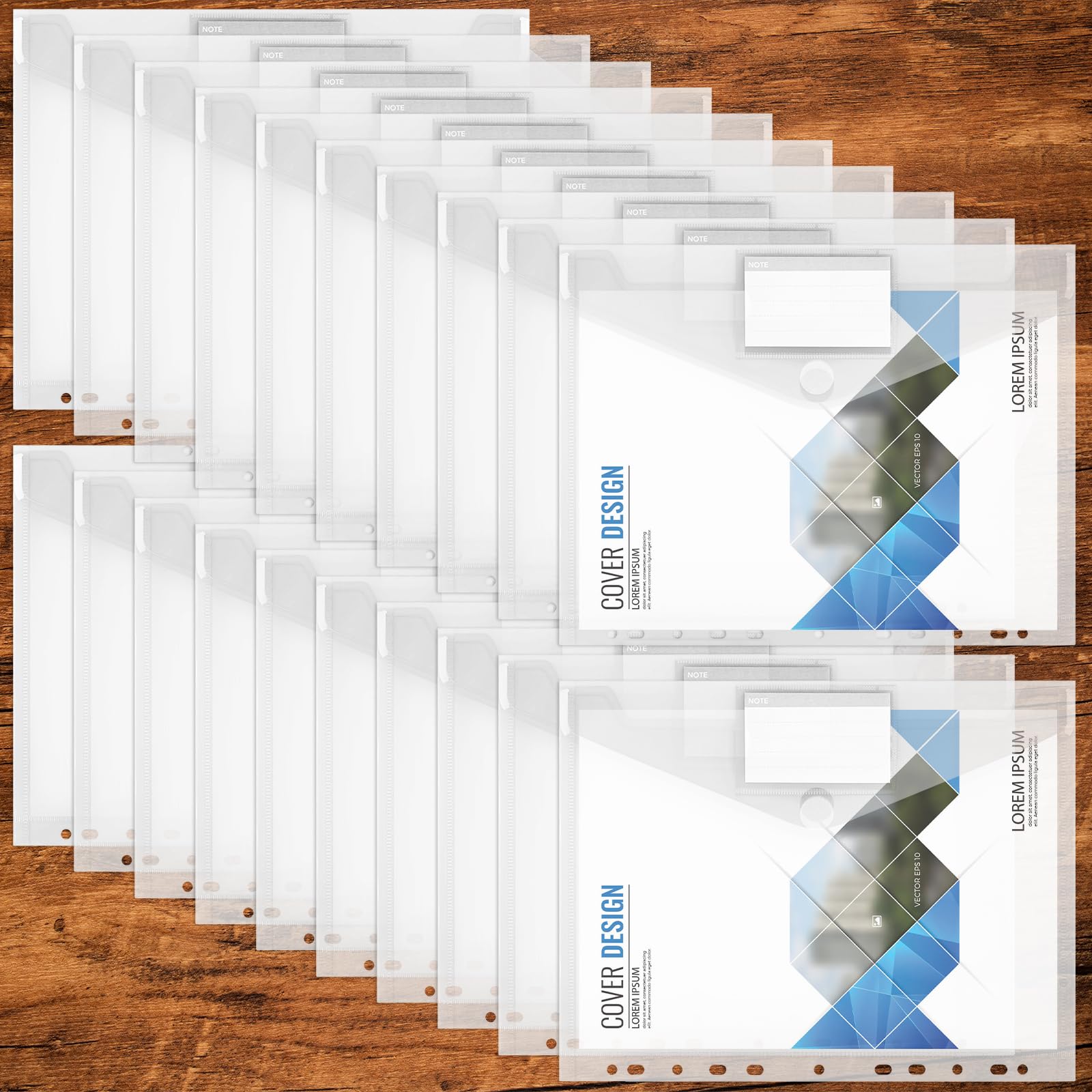 TAOPE 20 Pack Punched Pockets A4 Plastic Wallets, 11 Holes Binder Pocket with Velcro Closure and Label Pocket