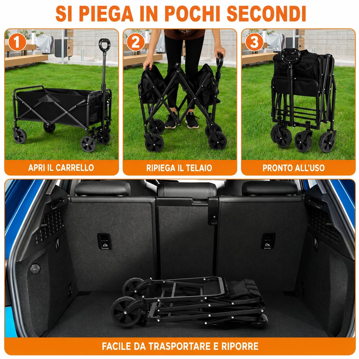Carrello Giardino Pieghevole 90L Portata 65kg, 4 Ruote di cui 2 Girevoli 360°, Telaio Acciaio Tessuto Oxford 600D Impermeabile, Manico Regolabile 61,5-82cm, Spiaggia Casa Orto