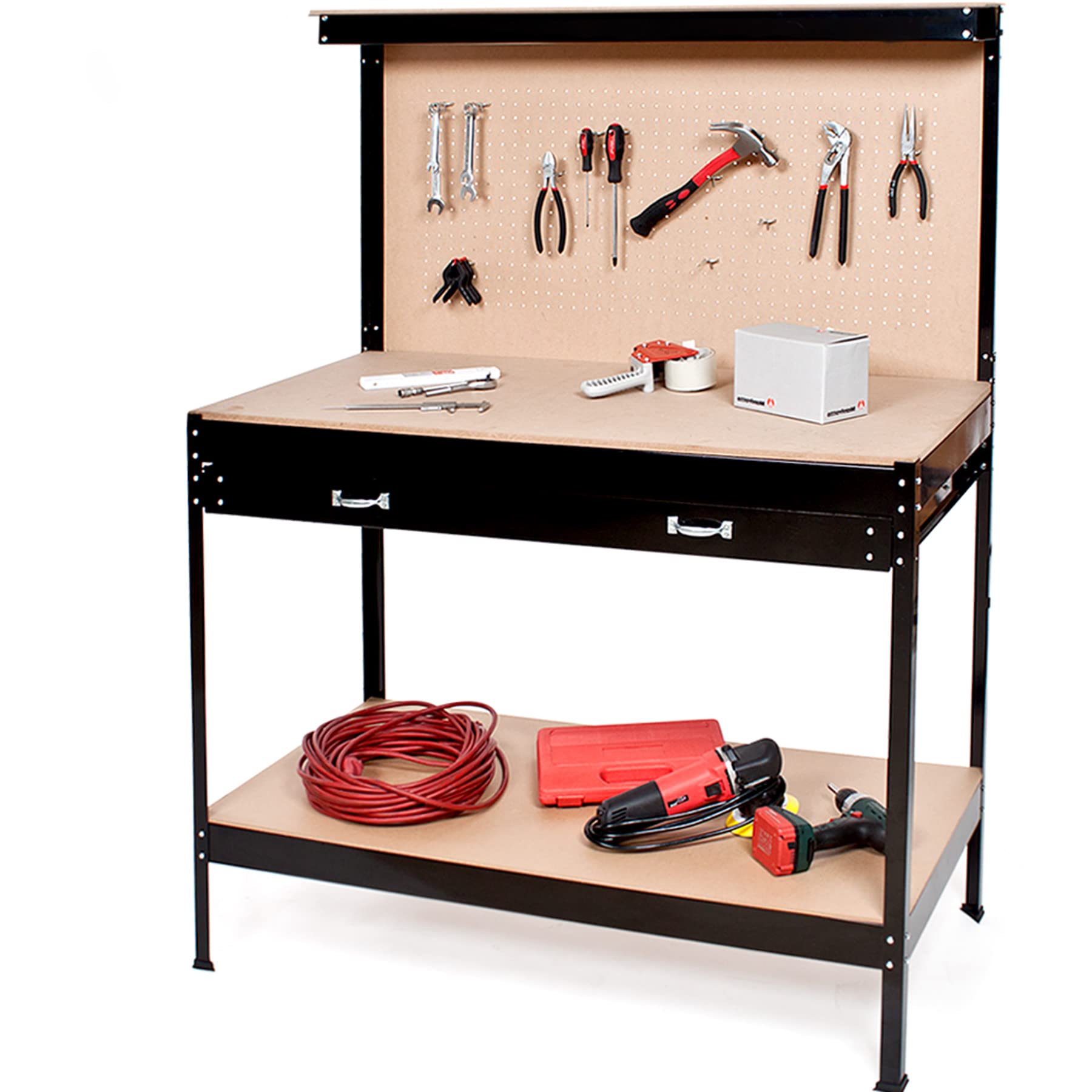 tectake® Etabli Atelier Garage 120 x 60 x 156 cm, Plan de Travail Clair et spacieux, Table Haute, Grand tiroir, étagère Pratique, Etabli avec Panneau Perforé, Rangement des Outils, Rangement Garage
