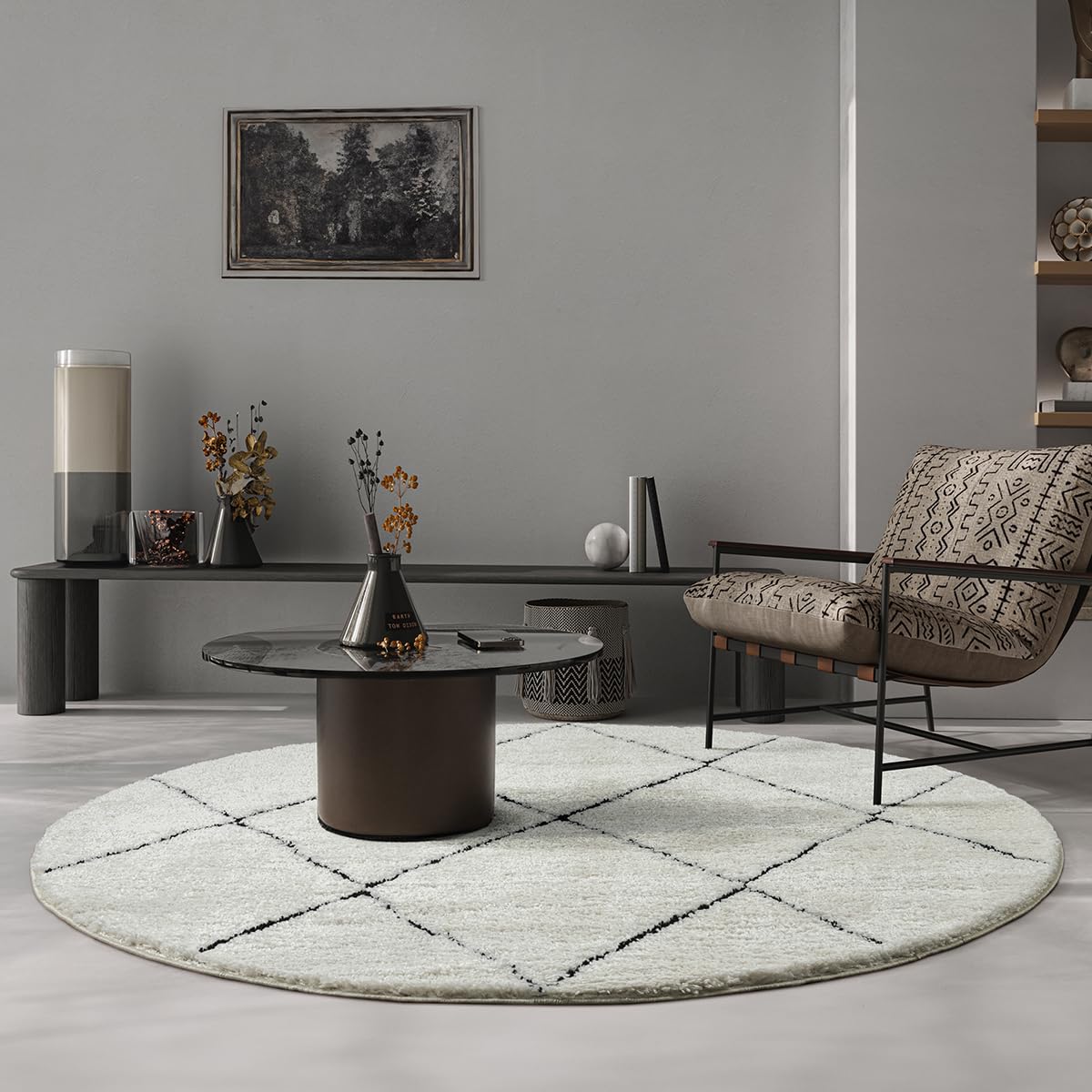 the carpet Bahar Shaggy Elegant Designer Living Room Rug, Soft & Easy-Care High Pile Living Room Rug in Cream/Black, 160 cm, Round โ image 1