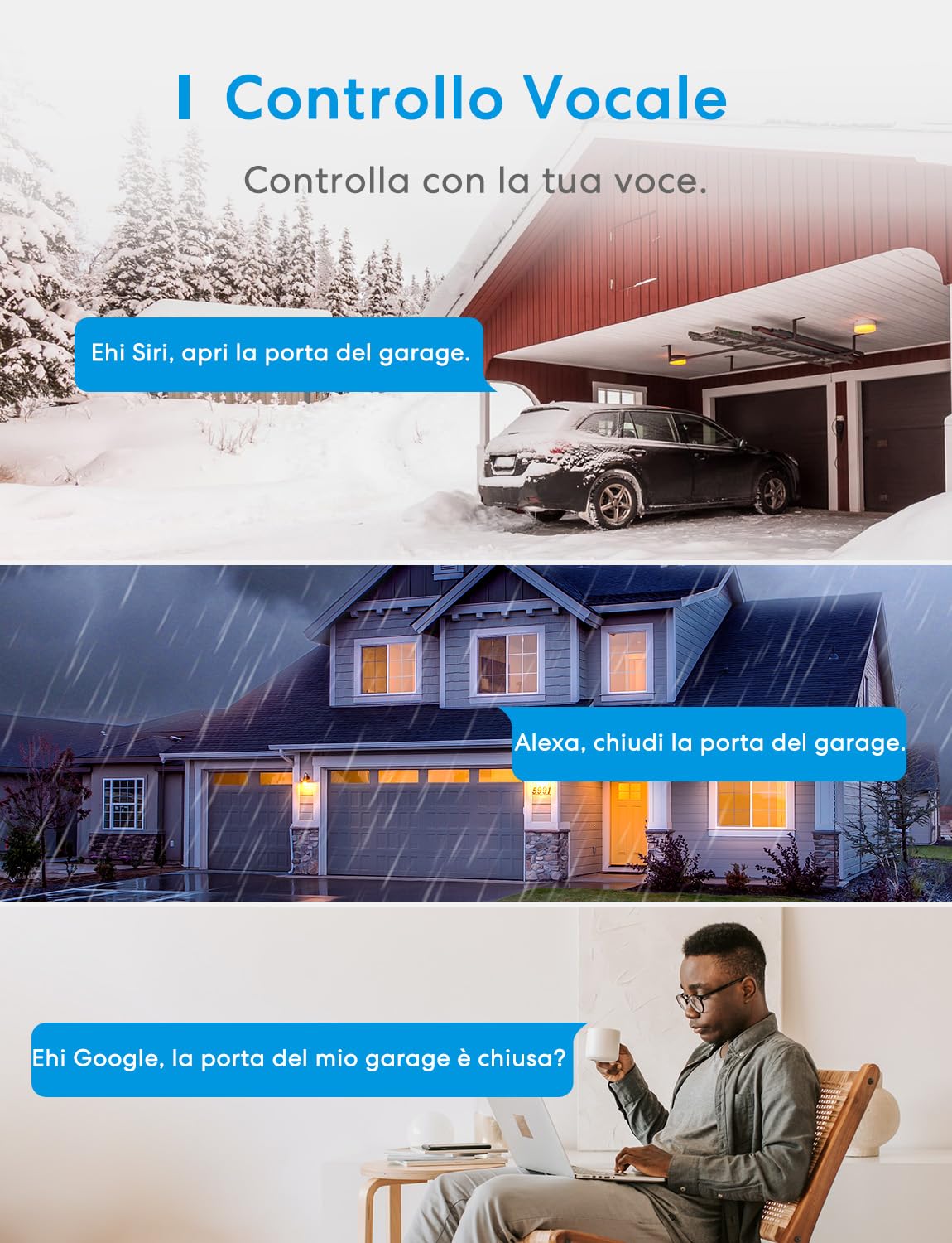 Meross Smart WiFi Garage Controller, Compatibile con Apple HomeKit, CarPlay, Siri, Alexa e Google, Controllo Vocale, Notifiche, Timer, Chiusura Automatica