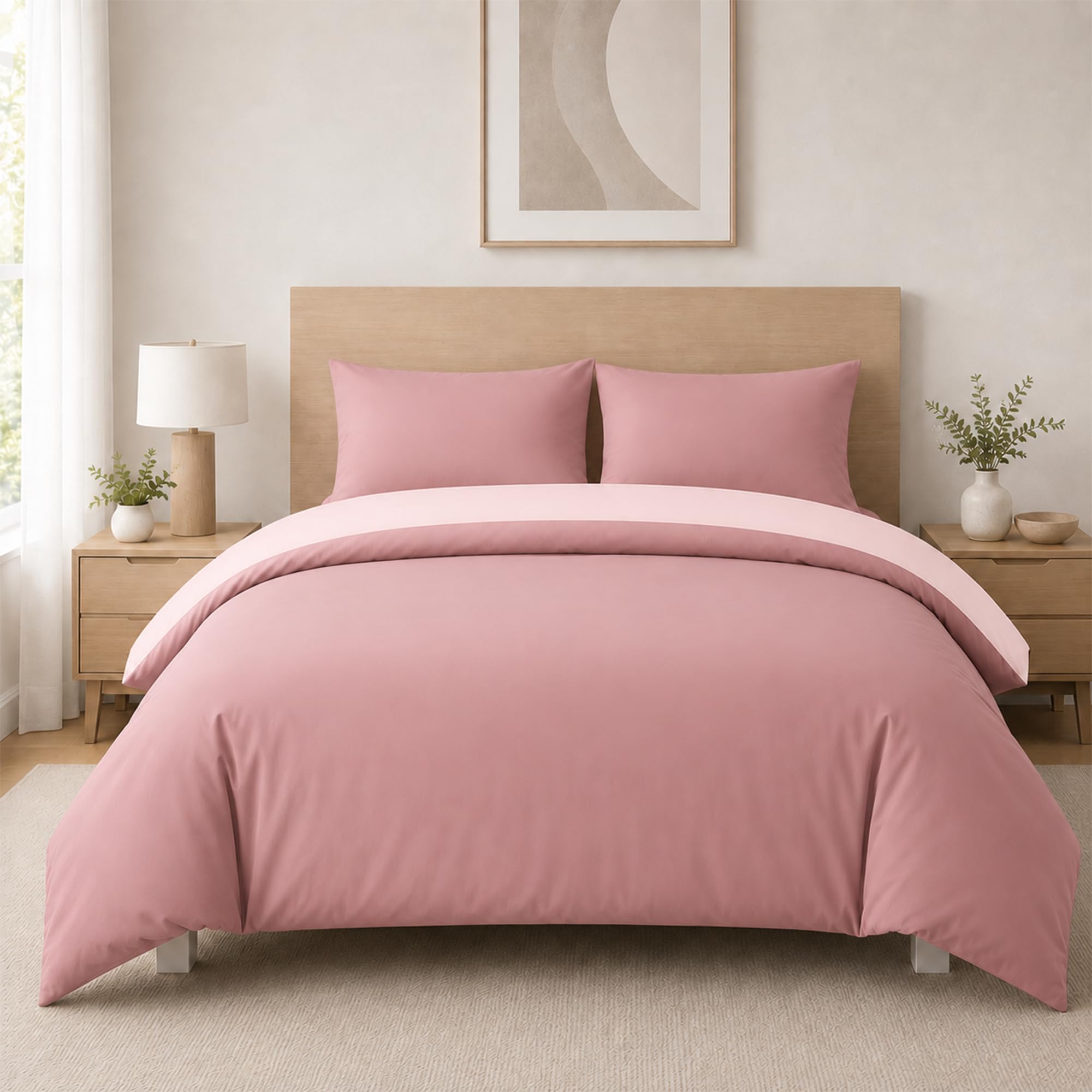 K&A Reversible Duvet Cover Set, Dusty Pink & Light Pink, Double Brushed Microfibre Bedding Set with Fitted Sheet and Pillowcases, 200 x 200 cm, Soft Easy Care Machine Washable