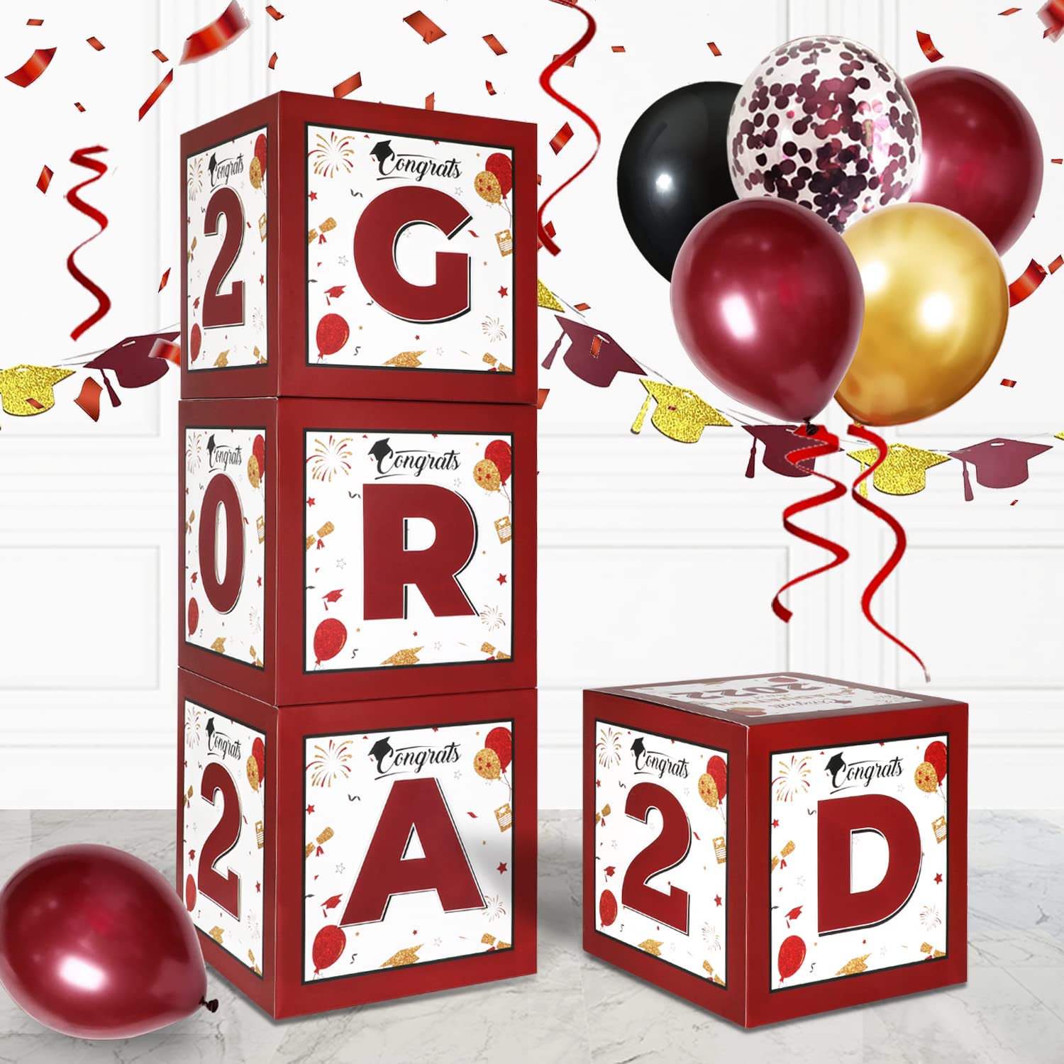 Photo 1 of 2022 Graduation Party Decorations, 4pcs Graduation Balloon Boxes with 2Pcs "GRAD" and "2022" Letter for 2022 Burgundy Gold Graduation Party Decorations Supplies