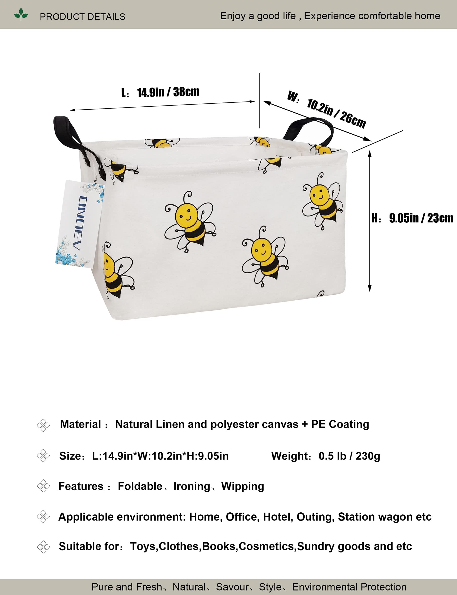 ONOEV Rectangular Folding Laundry Basket, waterproof Canvas Basket,gift basket,Suitable for children's room,Office,Clothes,Toys Storage(Bee)
