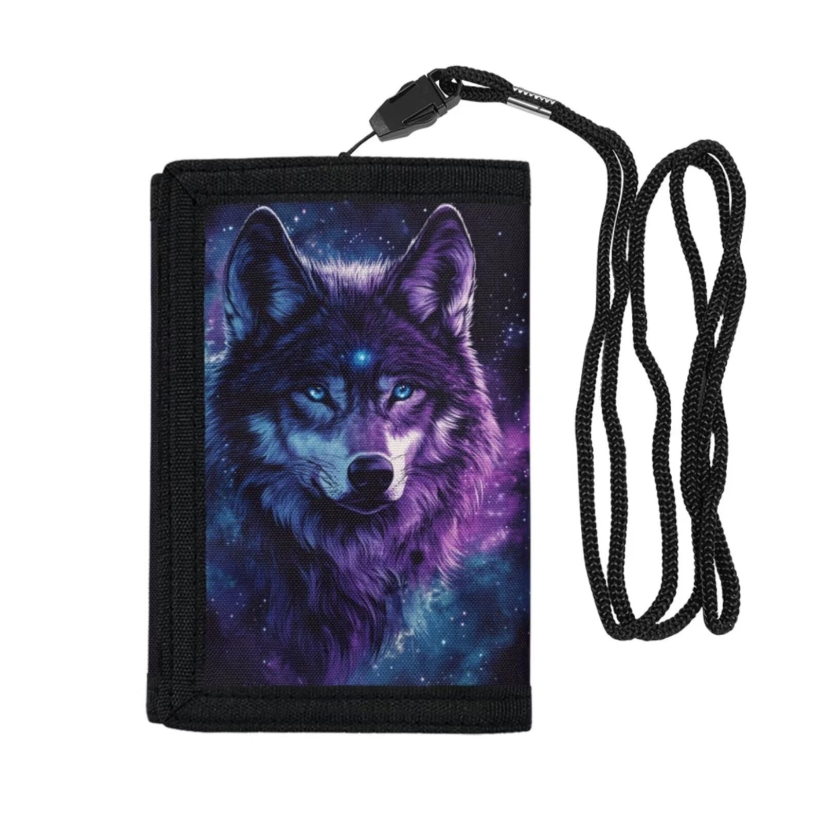 Rshubino Wolf Print Kids Purse for Boys Trifold Wallet with Lanyard for Kids Children Novelty Canvas Wallet with Card Holders for Holiday Outdoor Travel