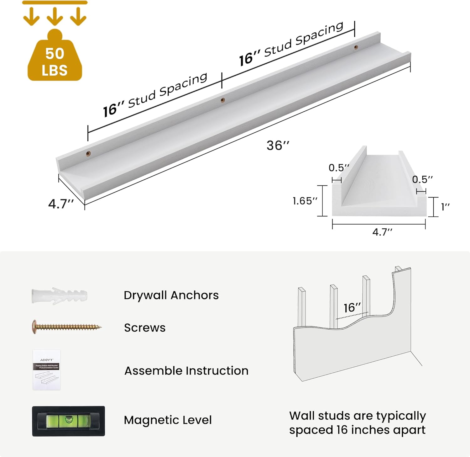 solid ash wood picture ledge shelf, 36 inch floating shelves with lip set of 2, photo ledge shelf nursery bookshelf wall mounted for living room bedroom decor, white ash wood-white 36in