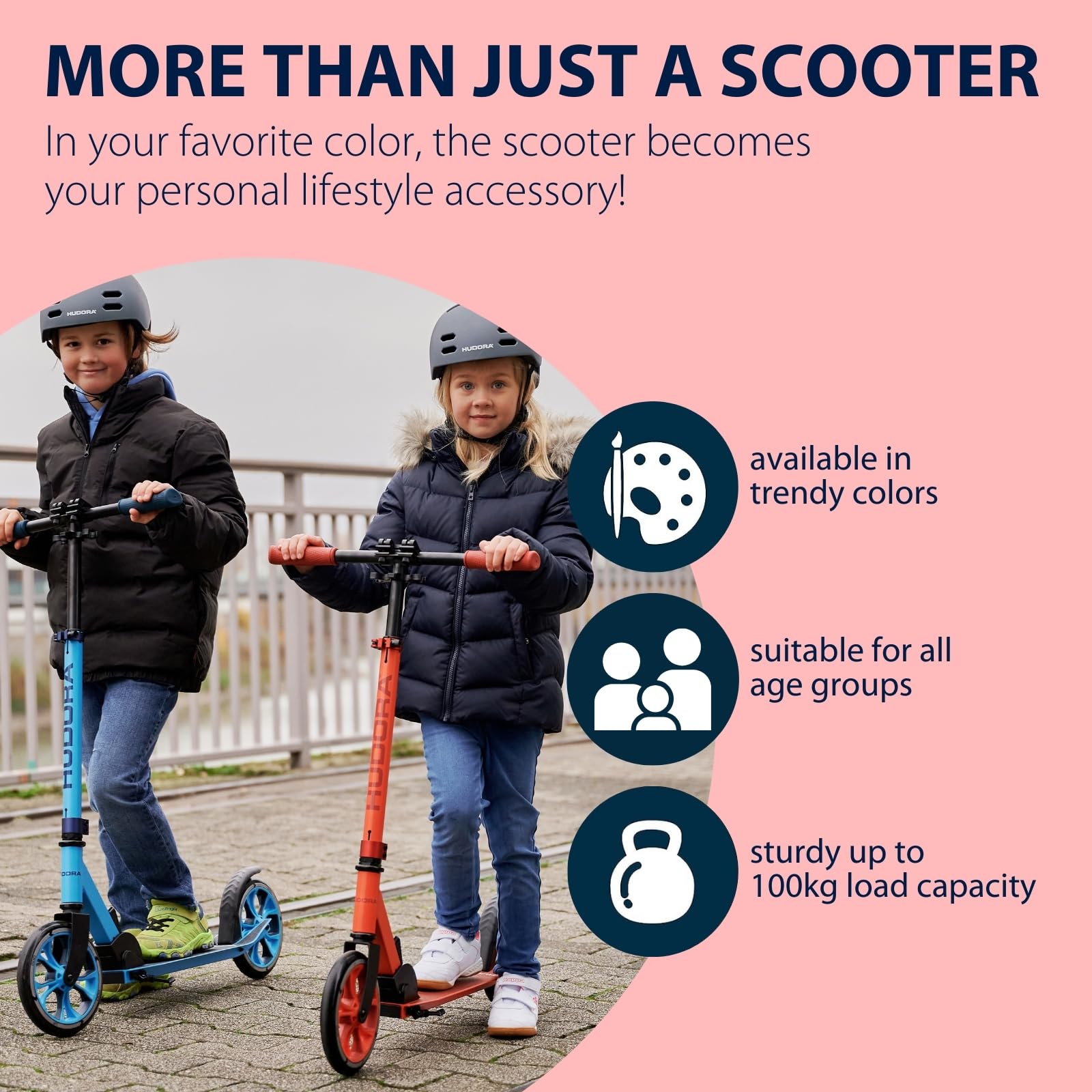 HUDORA Scooter Up 200 - Cicha, Aluminiowa Hulajnoga o Wadze Do 100 kg - Regulowana Wysokość i Składana - Bezruchowa Dla Dzieci/Młodzieży i Dorosłych