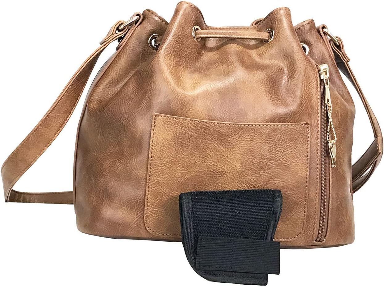 large Leatherette Drawstring Concealed & Carry Bucket Bag CCW Crossbody