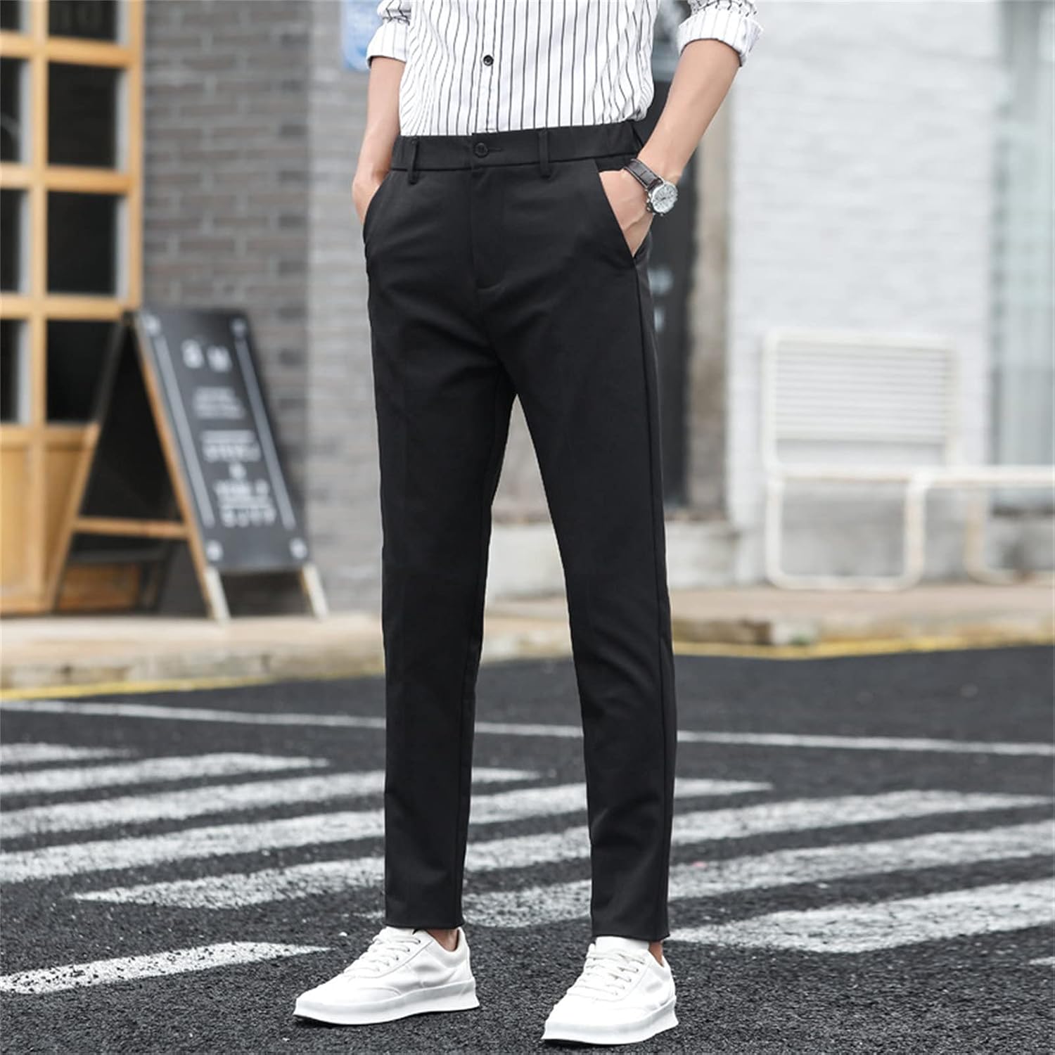 Men's Casual Iron Free Ice Silk Trousers Straight Slim Fit Flat Front Stretch Dress Pant Classic No Iron Pants