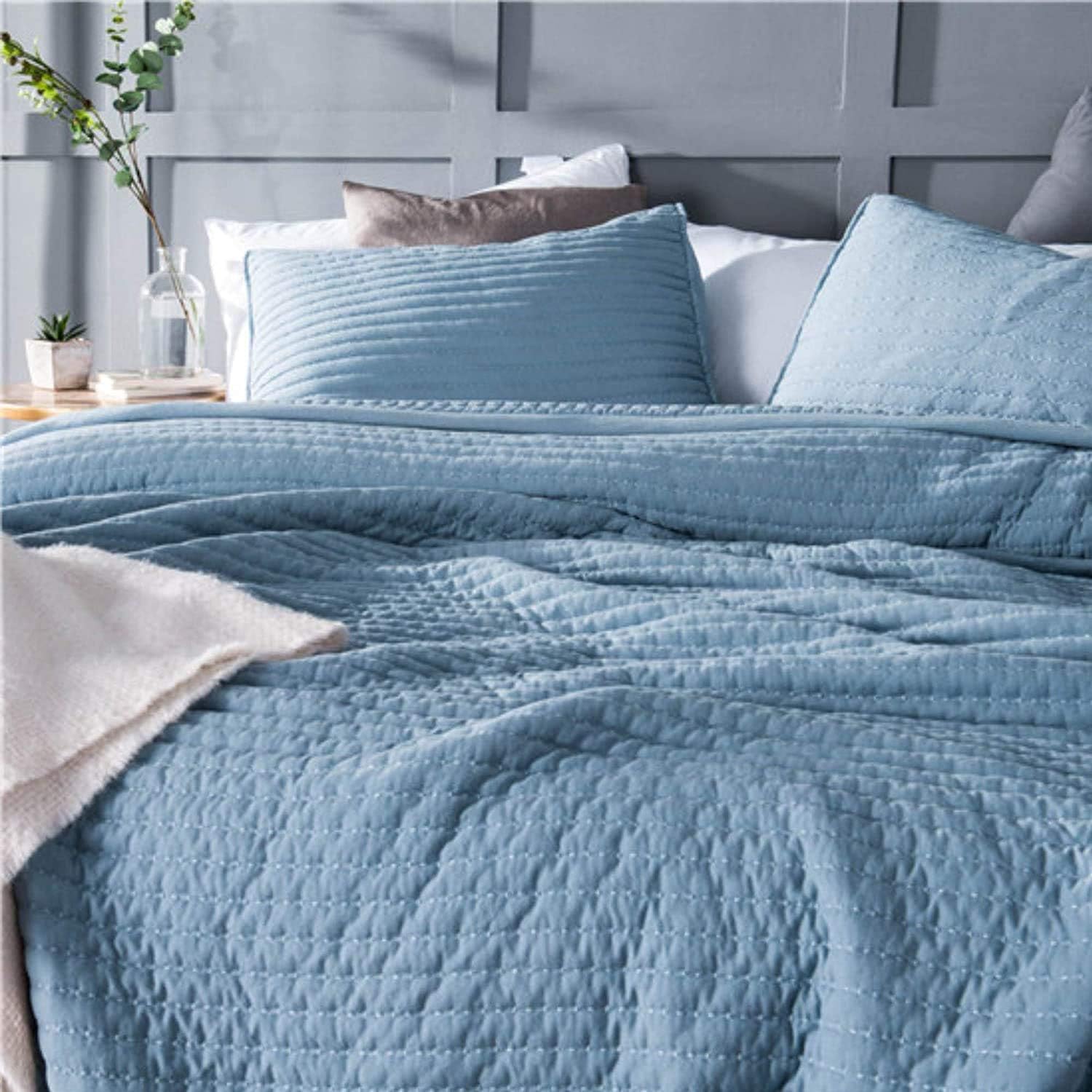 🔥 Hot Deals KASENTEX Quilt-Bedding-Coverlet-Blanket-Set, Machine Washable, Ultra Soft, Lightweight, Stone-Washed, Detailed Stitching - Solid Color (Blue, Oversized King + 2 King Shams)