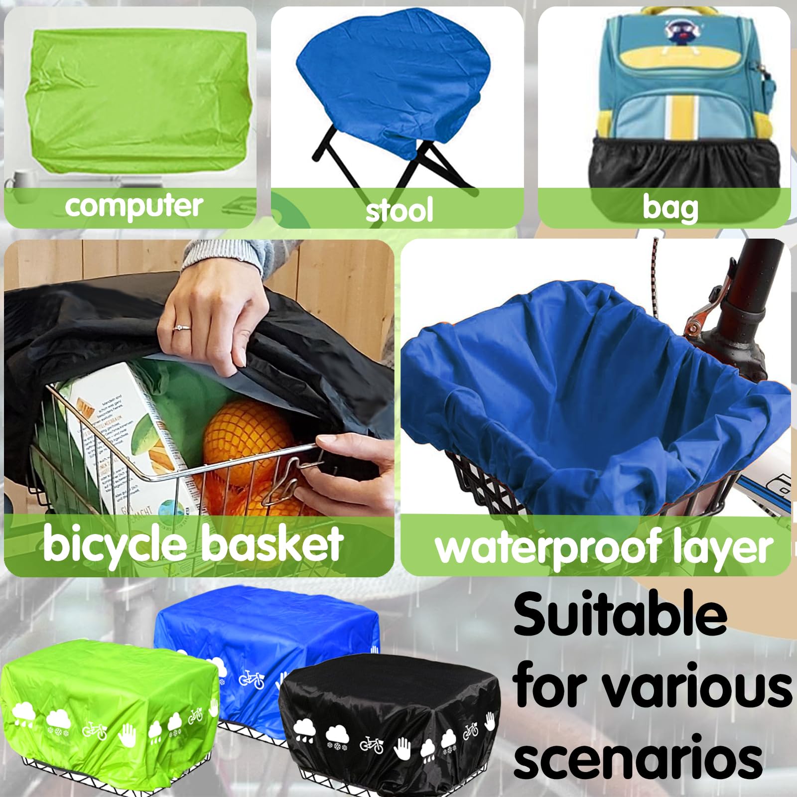 Copertura Antipioggia, Cestino Bicicletta Anteriore, Cestino Bicicletta Posteriore, 46x32x20 cm, Copertura Antipioggia Per Cestino Bici Con Strisce Riflettenti