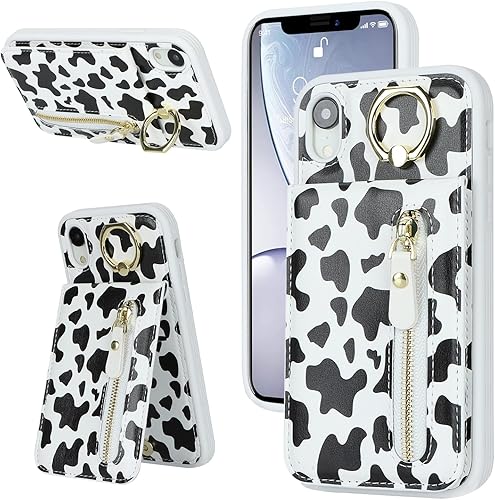 Funda para iPhone XR para mujer, para iPhone XR, funda con tarjetero con tarjetero con soporte para tarjeta de crédito con anillo, cremallera, a