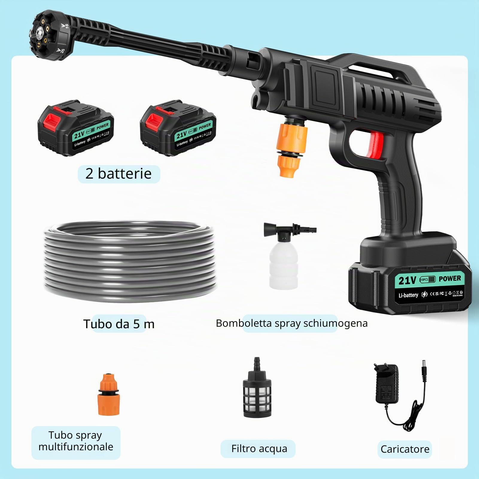 Pulitore ad alta pressione senza fili, 100 bar, 270 l/h, pressure washer, 21 V, pistola portatile con 2 batterie 3 Ah, 6 in 1, ugello, 5 m, schiuma, pistola di lavaggio mobile per auto