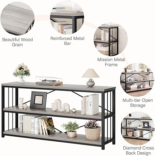 Miniatura 5 de LVB Mesa consola larga con almacenamiento, mesa de entrada rústica y delgada, moderna mesa de sofá de madera y metal con estante, mesa de entrada