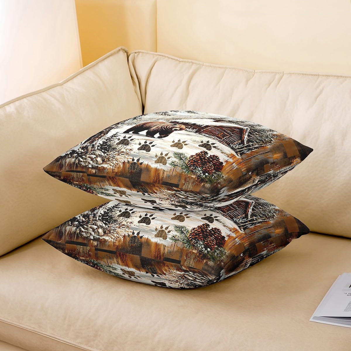 Lodge Cabin Throw Pillow Covers 24x24 Inch Set of 2 Pine Trees Wild Animal Jungle Bear Cushion Covers for Kids Teens Adults Wooden Stripes Winter Farmhouse Rustic Pillow Cases for Living Room