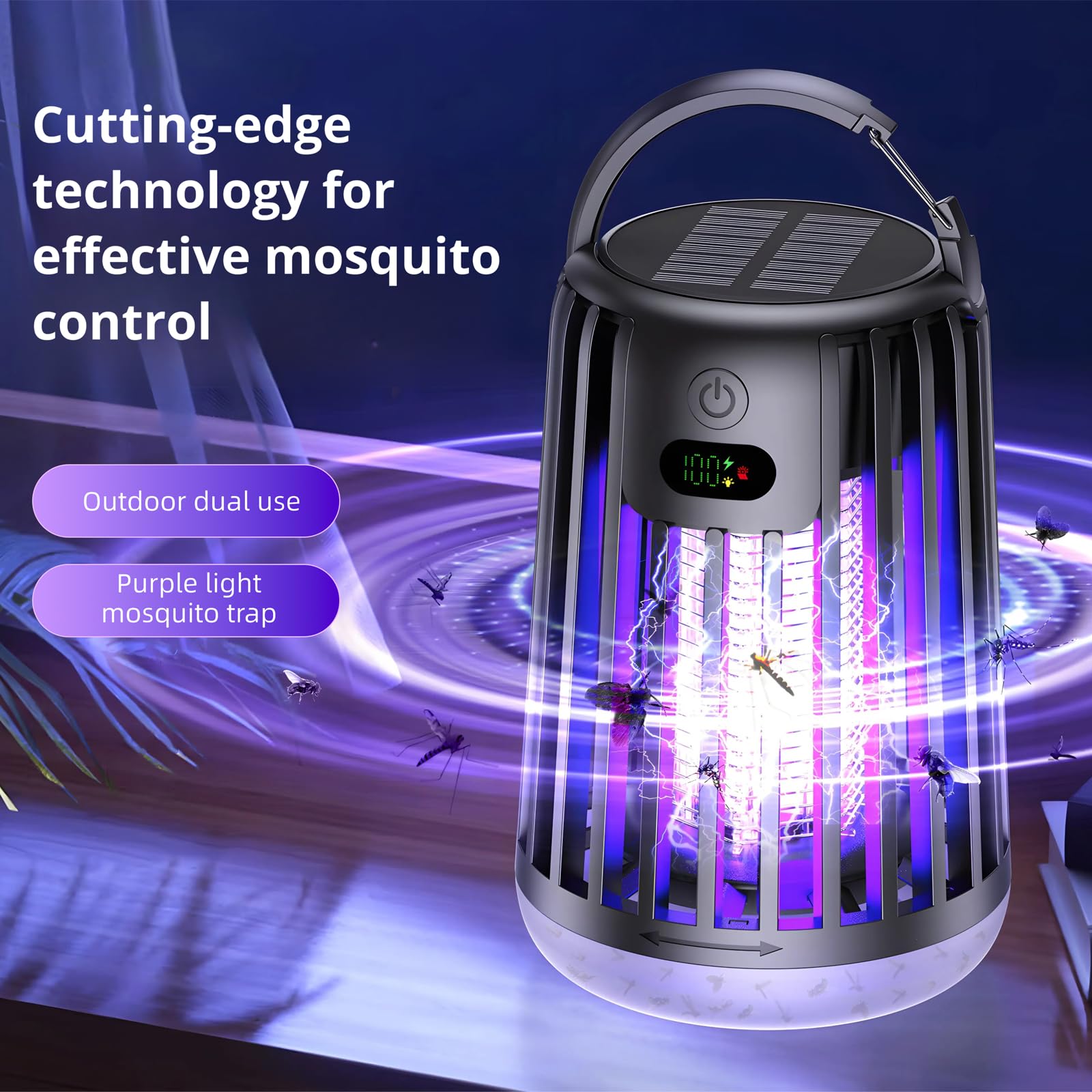 Lampada antizanzare ricaricabile solare, portatile, elettrica per esterni, luce viola per patio, campeggio e giardino (nero)
