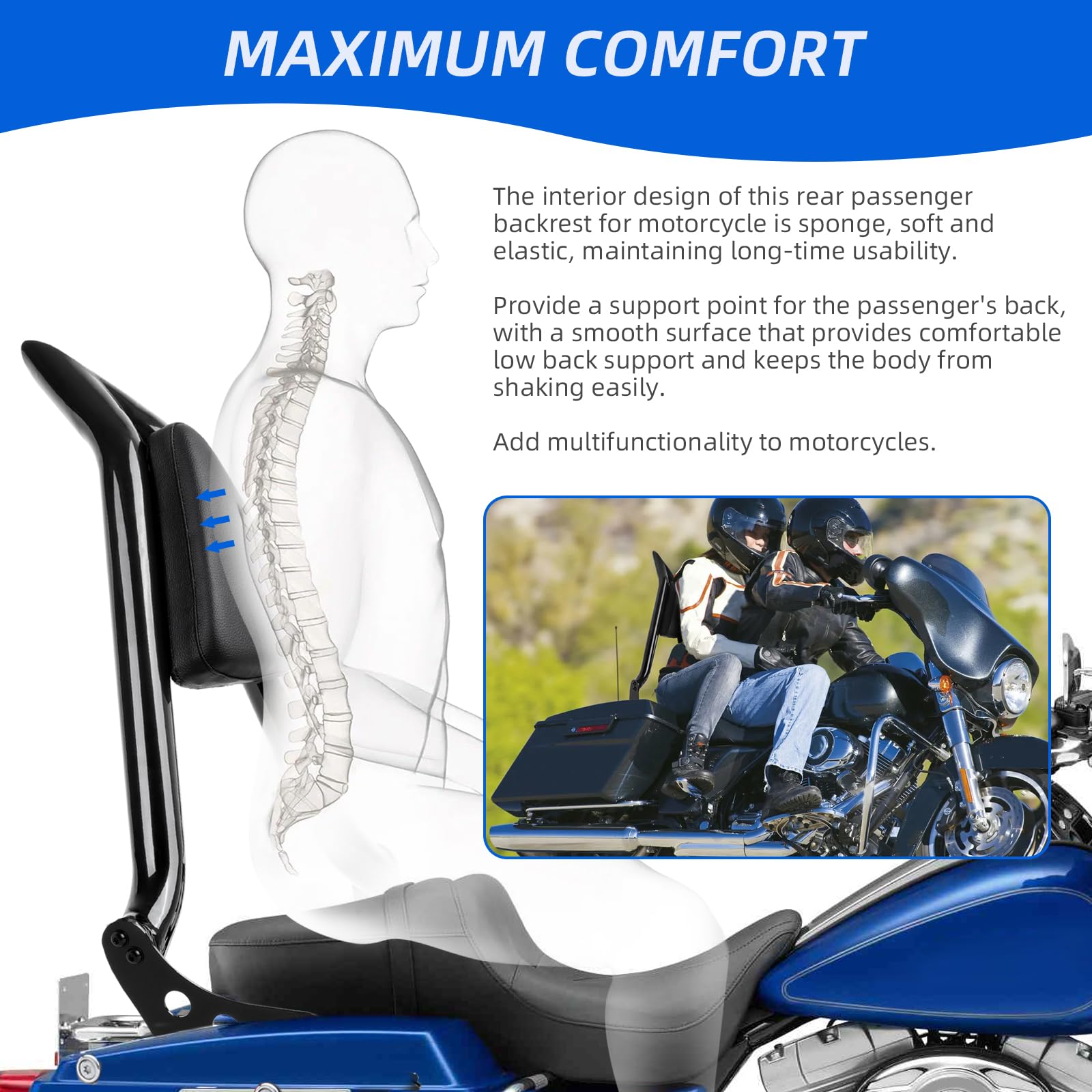 DREAMIZER Respaldo de Pasajero Trasero Desmontable para Motocicleta Compatible con Harley Touring Road King Road Glide Street Glide 2009-2024 Negro brillante