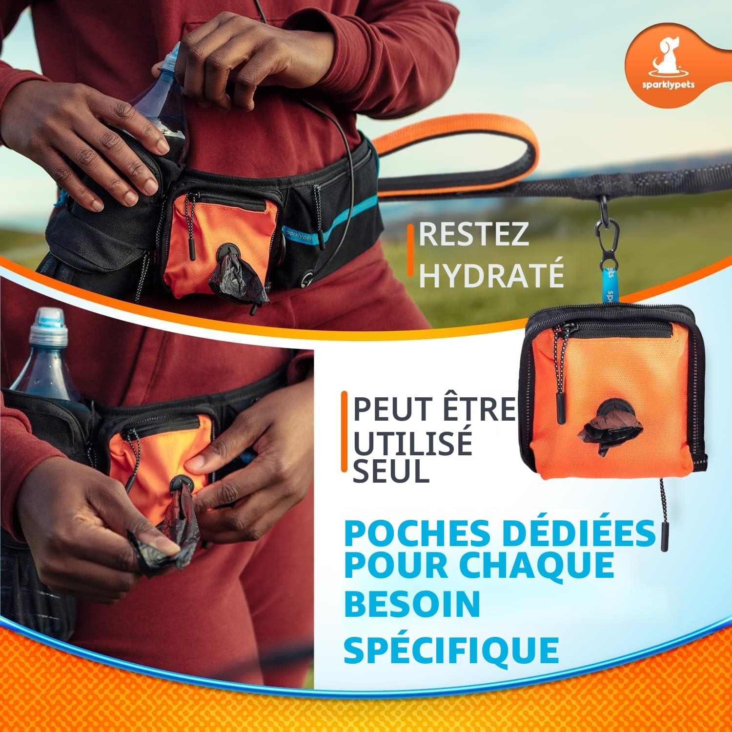 SparklyPets Active Waist Leash pour Promener Le Chien – Laisse Mains Libres – Complet avec Support de téléphone, Sac à déjections Canines Amovible, Pochette à friandises pour Chien et Porte-Bouteille