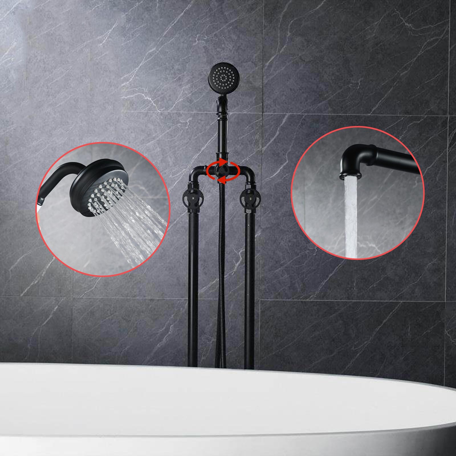 Grifo Mezclador de Bañera Y Ducha Independiente Grifo de Bañera Negro de Doble Manija con Rotación de 360° para Agua Caliente Y Fría de Latón