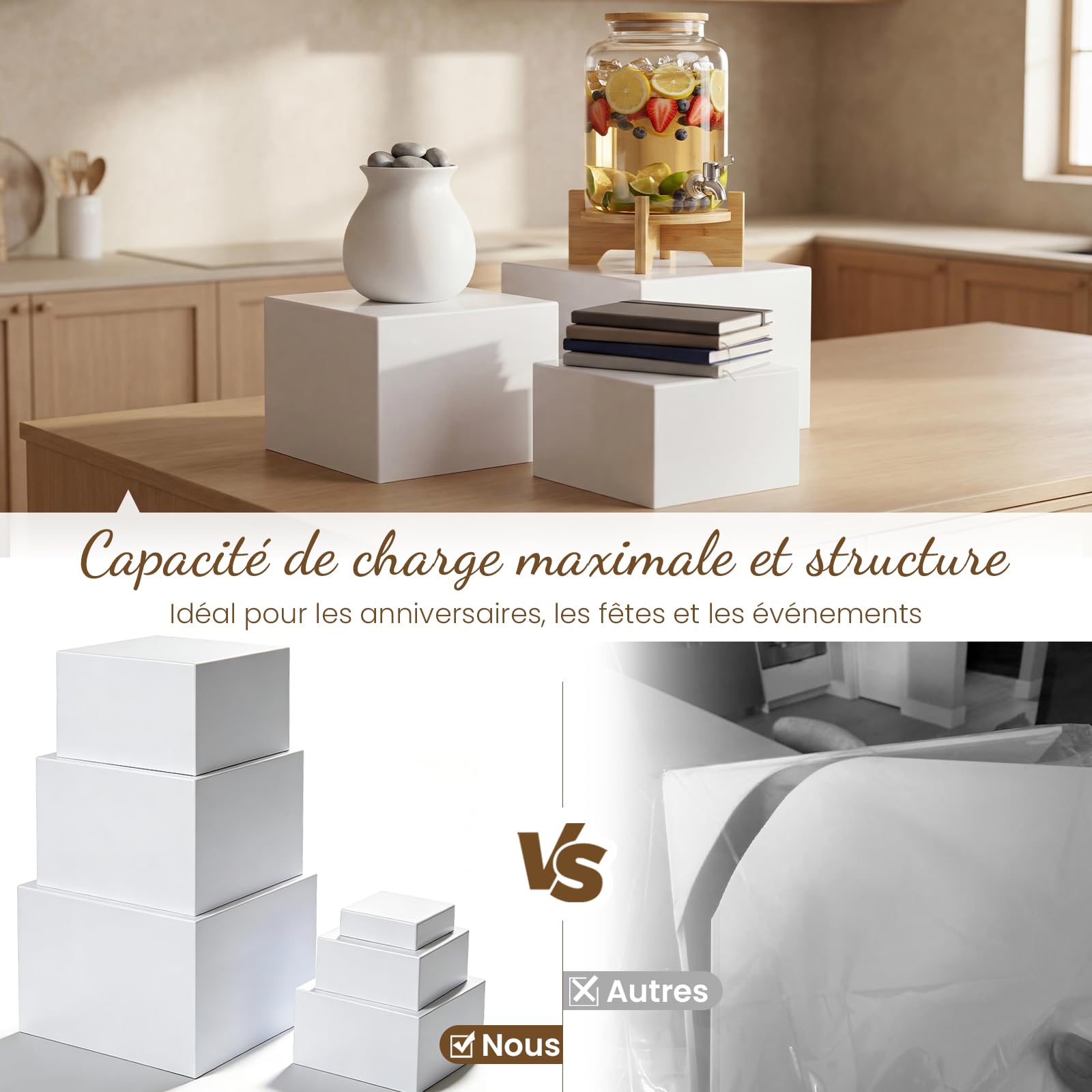 Lot de 6 présentoirs de buffet en acrylique blanc, 6 tailles différentes, support à dessert avec fond creux pour buffet, mariage, file d'attente, fête de famille, fête d'anniversaire