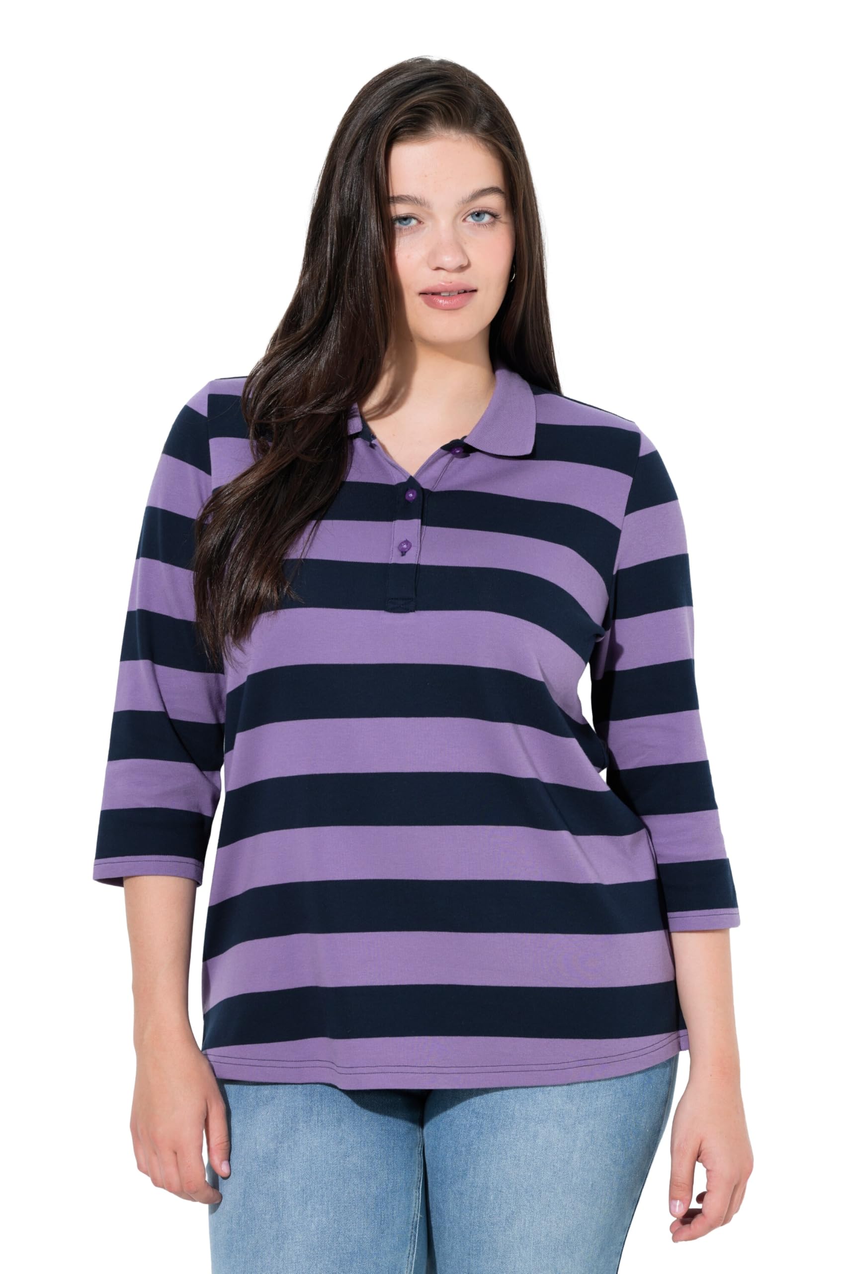 Ulla Popken Damen große Größen Übergrößen Plus Size Polo-Sweatshirt, Streifen, 3/4-Arm, Biobaumwolle 845551