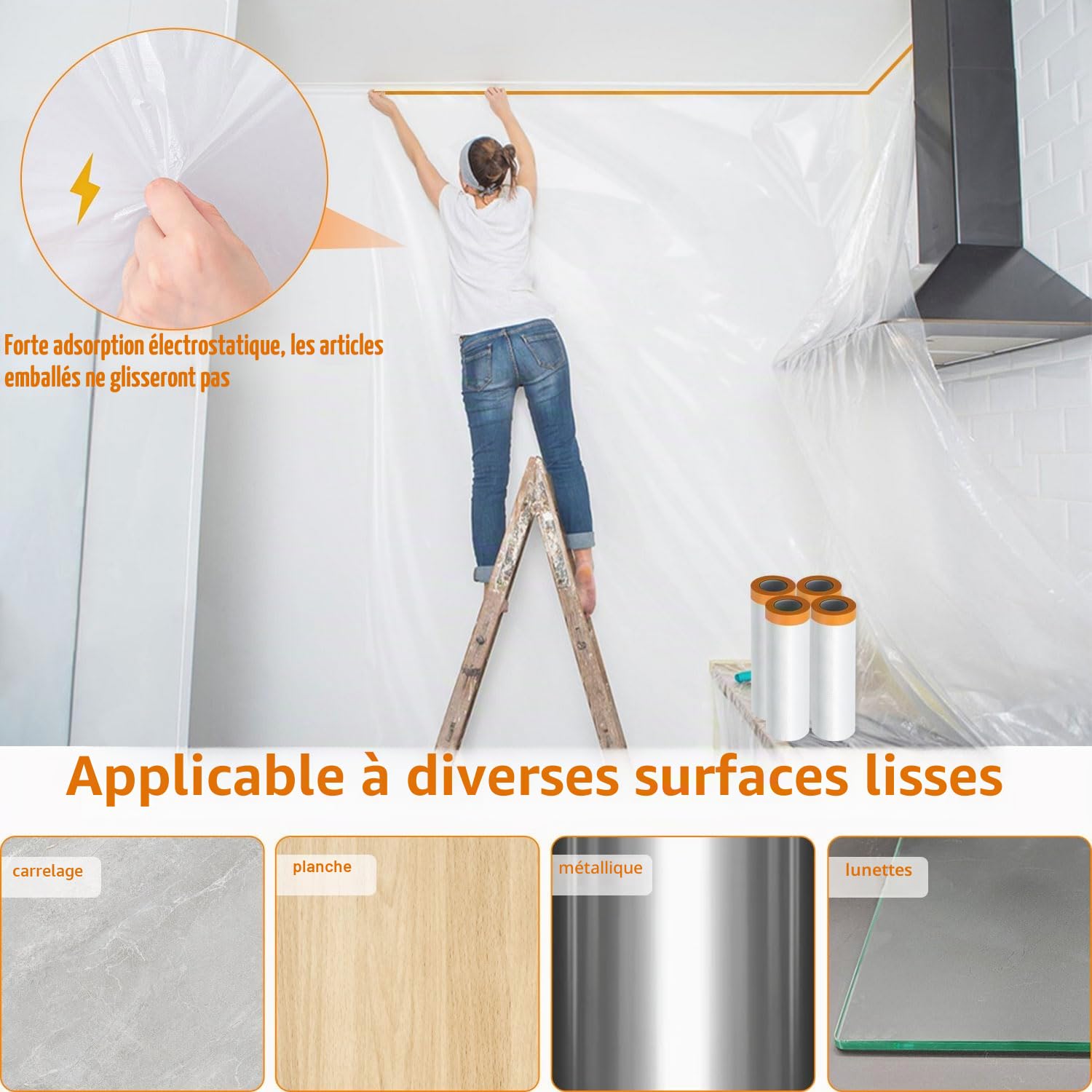 4 Rouleaux Bâche de Protection Peinture 270cm x 20m -Film de Masquage Peinture Imperméable Anti-Poussière - Pour Sol, Automobile & Meubles