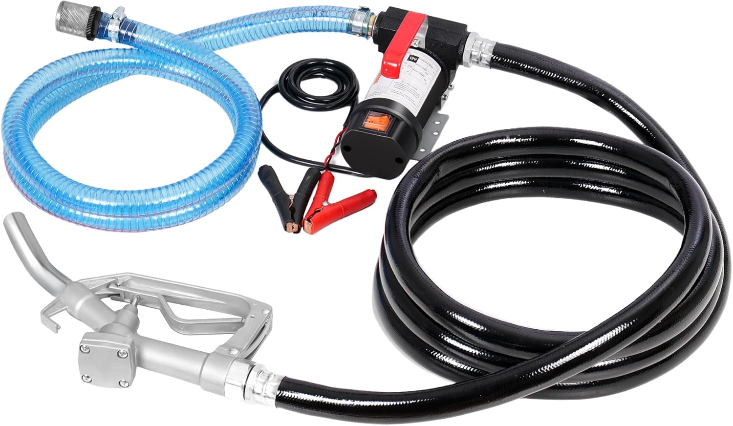 Rengue 12V Fuel Pump, 12 GPM Self-priming Fuel Transfer Pump Kit, High-Efficiency Diesel Transfer Pump with Filter, Hose and Nozzle for Diesel, Kerosene and Transformer Oil