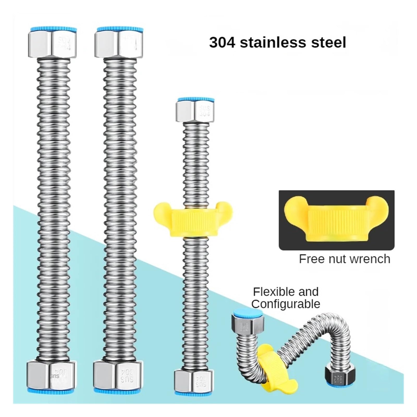 Genérico 304 Casa de acero inoxidable e inodoros agua Manguera de fontanería 1/2 ", calentador de baño conecta tuberías corrugadas con tubo de llave(300cm)