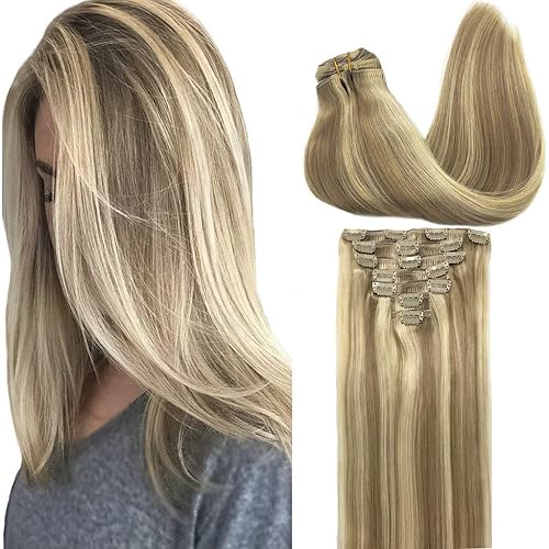 GOO GOO Clip-in Hair Extensions for Women, Soft & Natural, Handmade Real Human Hair Extensions,Light Blonde Highlighted Golden Blonde, Long, Straight #(P16/22) , 7pcs 120g 24 inches