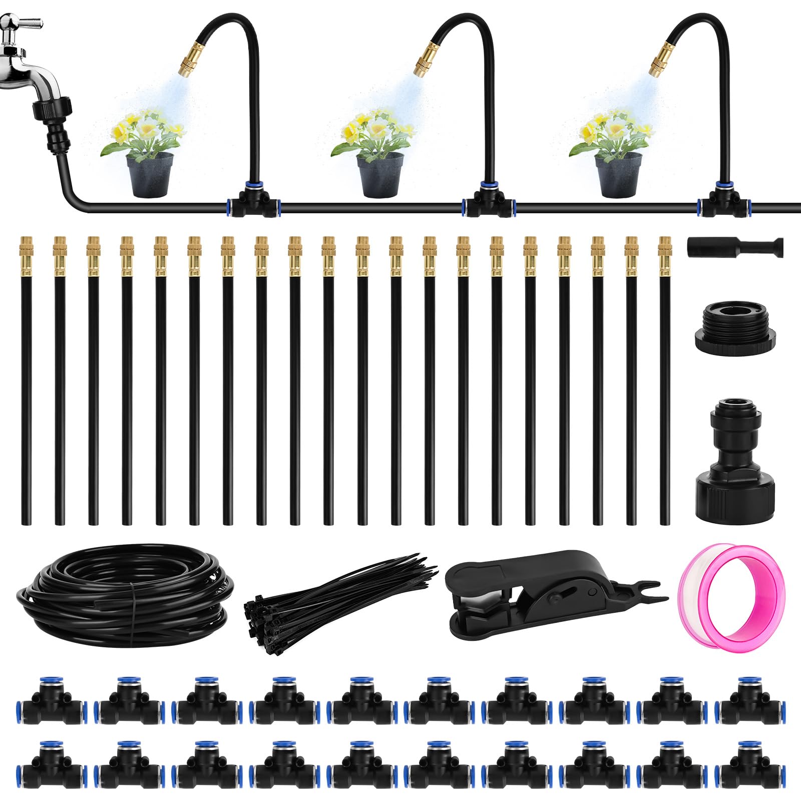 PYserne 20M Automatic Irrigation System Kit, 360° Bendable Drip Irrigation System with 20 Adjustable Misting Nozzles Atomizing Copper Nozzle for Garden Patio Watering Greenhouse
