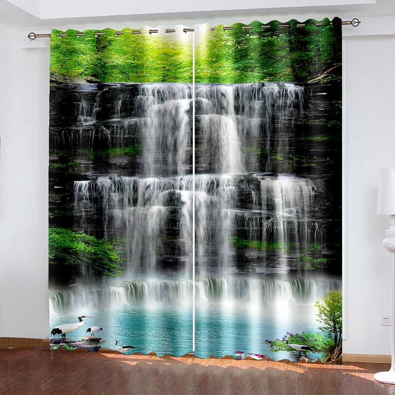 Zasłony kuchenne, zasłona okienna łazienka zielony czarny biały drzewo wodospad krajobraz poliester 2 panele 172 x 160 cm
