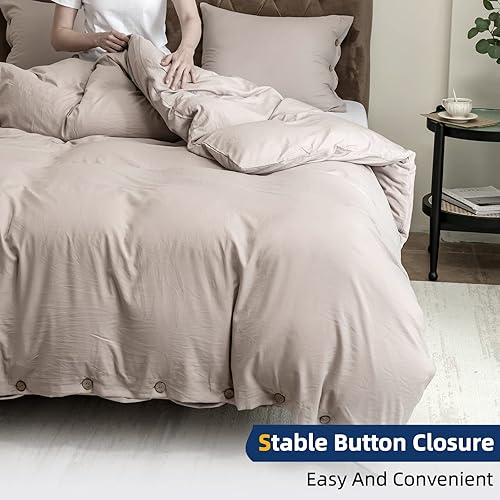 Miniatura 5 de Argstar Juego de funda de edredón de 3 piezas, tamaño matrimonial, color caqui, con cierre de botón, microfibra lavada, suave y de fácil cuidado,