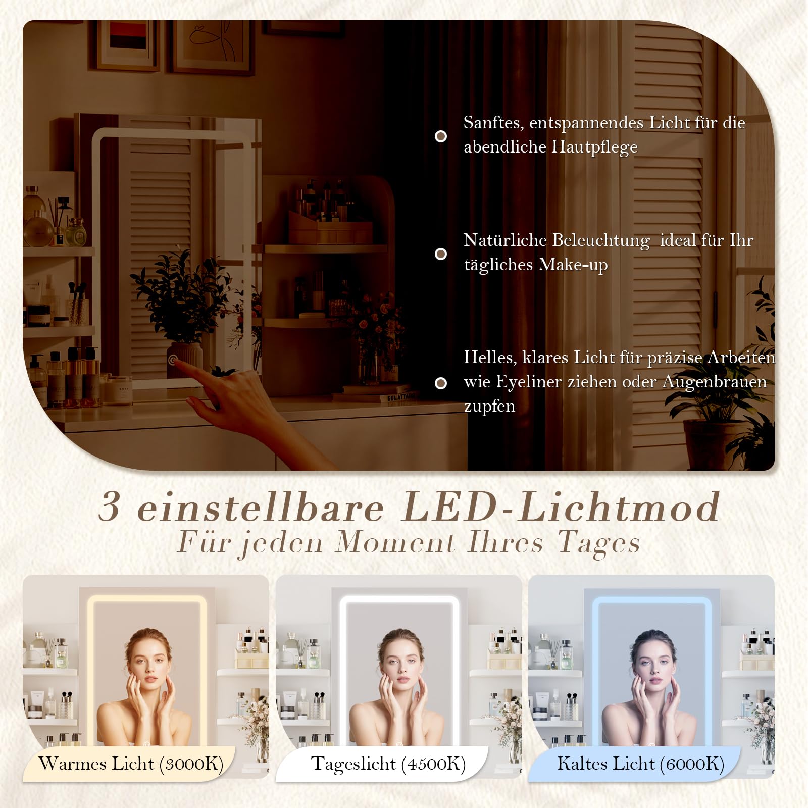 JUMMICO Schminktisch mit LED-Spiegel, moderner minimalistischer Schminktisch für Schlafzimmer, mit 2 Schubladen + 4 Regalen, 3-stufige Dimmfunktion und Touch-Schalter (Set, 135x90x40 cm)