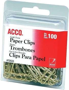 ACCO Brands Paper Clips, Regluar, # 2 Size, Smooth, Gold, 100 Clips/Box 72533