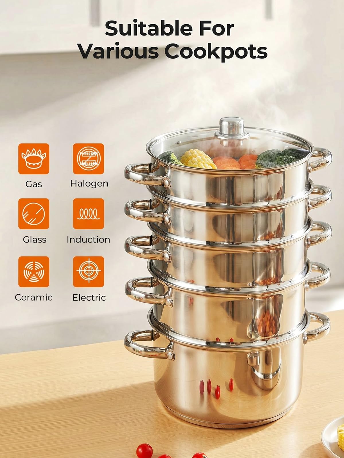 Pentola a Vapore in Acciaio Inox, Cuocivapore, Pentola (5 in 1), Diametro 26 cm, con Coperchio in Vetro, Cuocivapore per Tutti i Tipi di Fornelli, Anche a Induzione, Argento