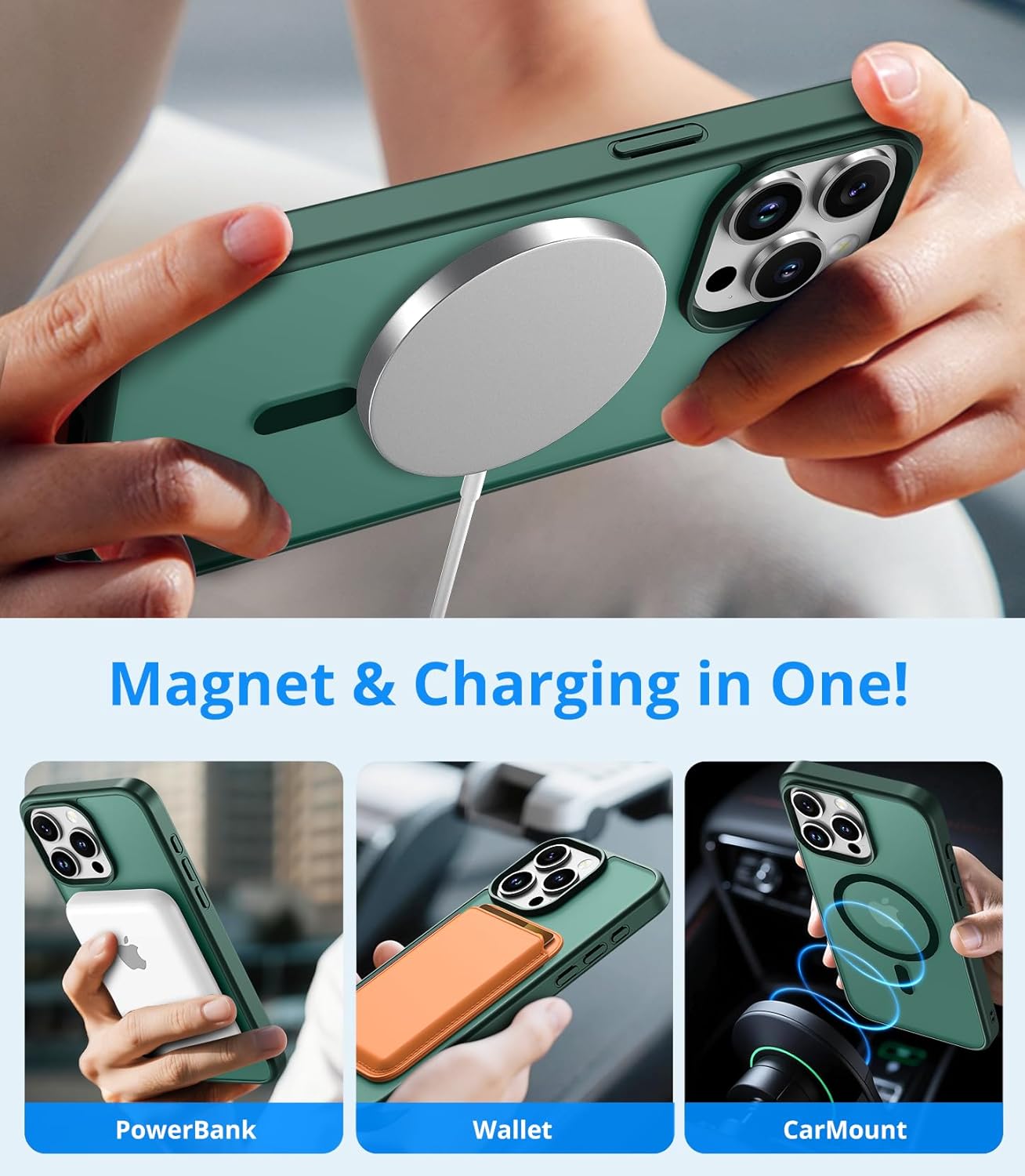 for iPhone 15 Pro Max Case, Compatible with MagSafe, Magnetic Translucent Matte Slim Protective Cover with 1 Screen Protector - Military-Grade Drop Protection (Dark Green) - Image 5