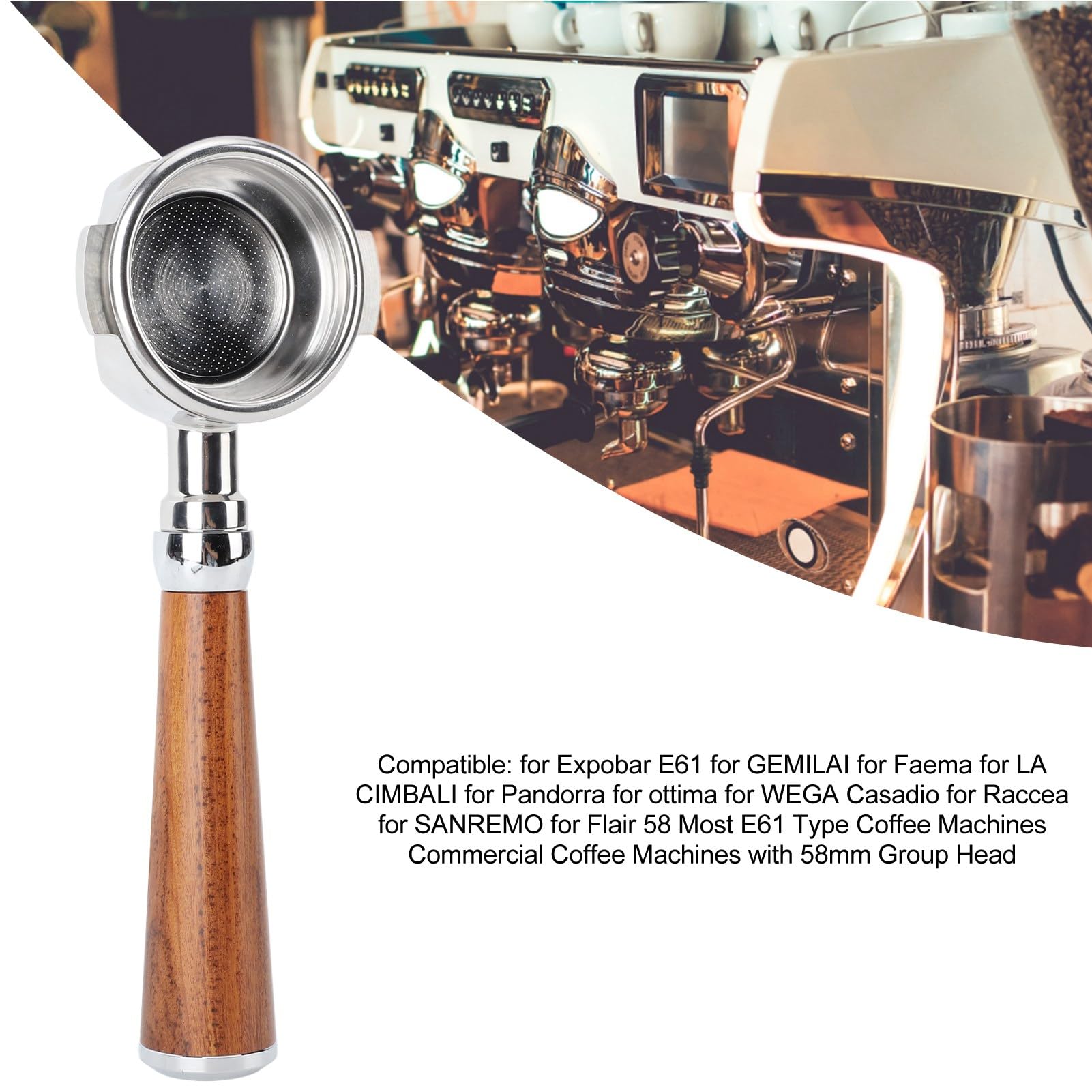 Porte-filtre sans Fond de 58mm avec Poignée en Bois, adapté pour Expobar E61 pour Flair 58 Sanremo (Bois de trac)