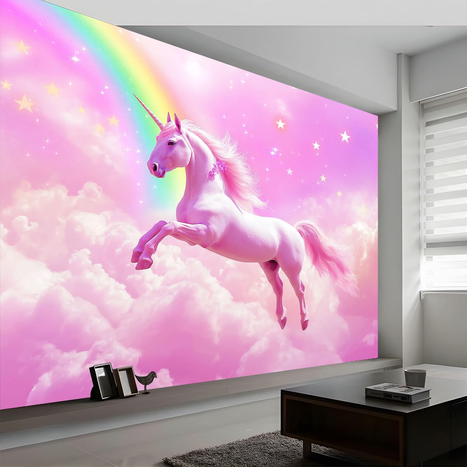 Tapeta ścienna z kreskówki, jednorożec, tęcza, gwiazdy, fototapeta, anime, tapeta z włókniny, dekoracja ścienna, 350 x 256 cm, tapeta z efektem 3D, plakat panoramiczny do sypialni, salonu, pokoju