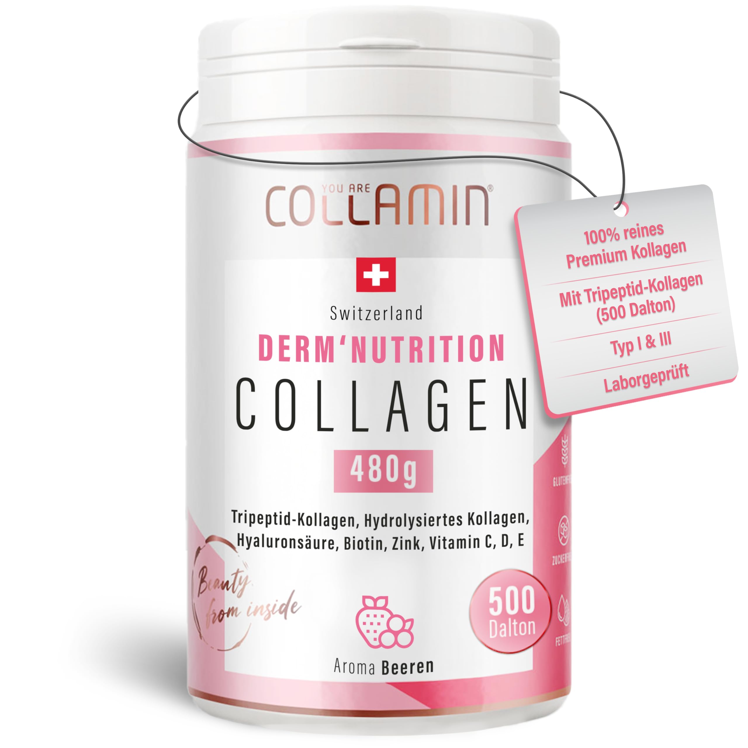 Derm'Nutrition Collagen Pulver - 480g I Tripeptid-Kollagen Pulver mit Vitamin C & Hyaluron I Kollagen Pulver (Rind) mit Beeren Aroma I Hydrolysiertes Kollagen - Made in Switzerland