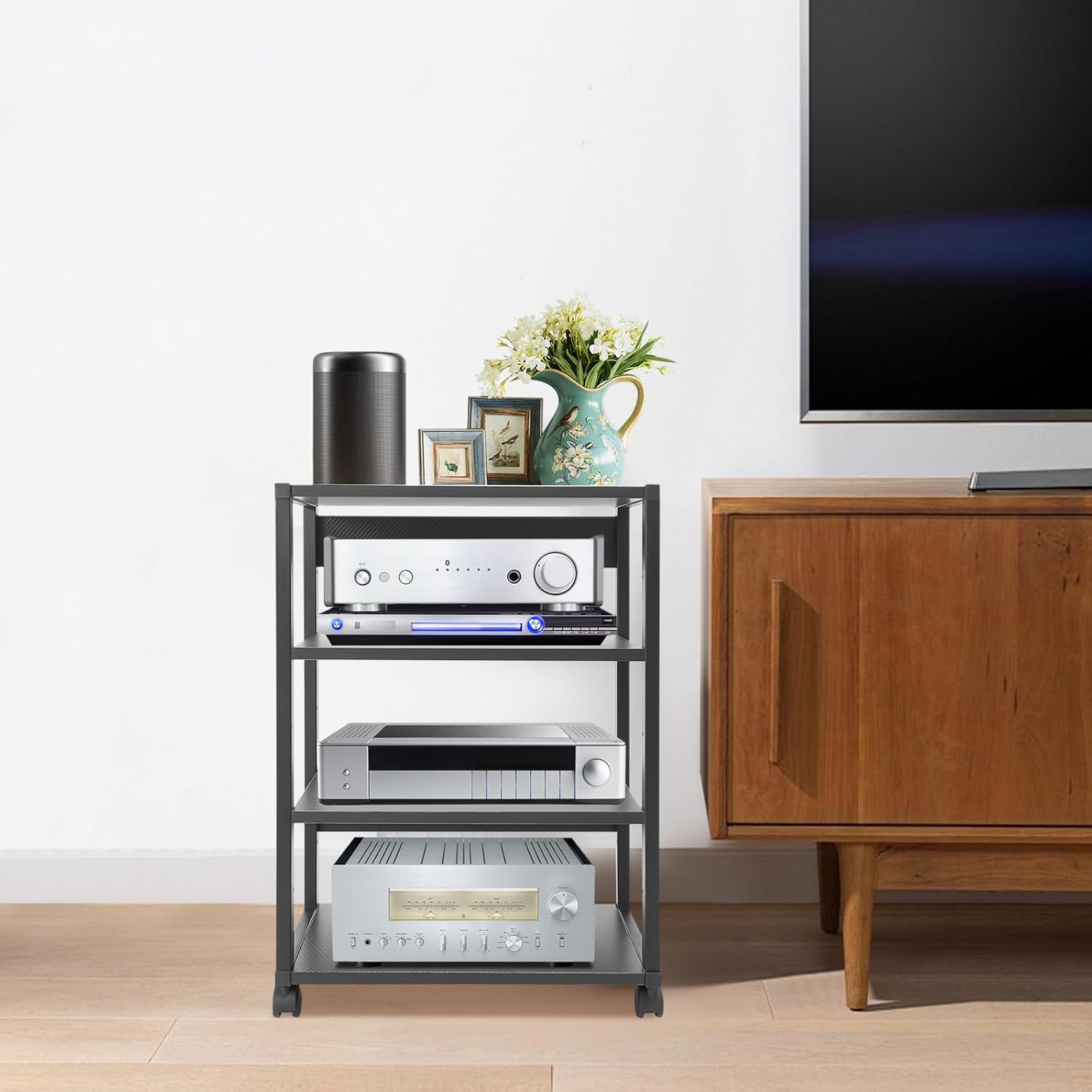 4-Tier AV Media Stand Rack, Black Rolling Stereo Audio Rack Stand with Wheels, Mobile & Space-Saving Design, Perfect for Speakers, DVD Players, Amplifiers (19.7 * 15.7 * 27.4in)