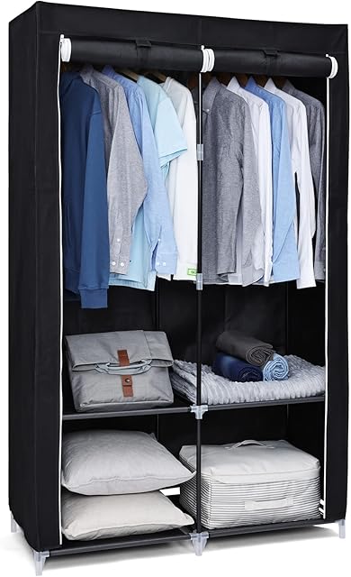 Double Canvas Wardrobe, Portable Wardrobe, Foldable Closet, Clothes Storage Organizer with 2 Hanging Rail Fabric Closet for Clothes, Bags, Toys, Shoes, Living Room, Bedroom 172 x 110 x 45CM Black