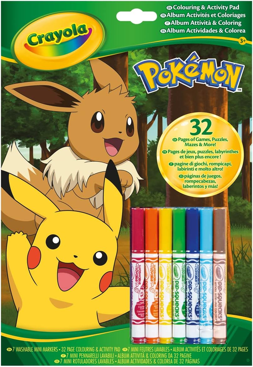 CRAYOLA - Libro Actividades Pokemon, 32 páginas para Colorear y 7 rotuladores Lavables, (04-2746)