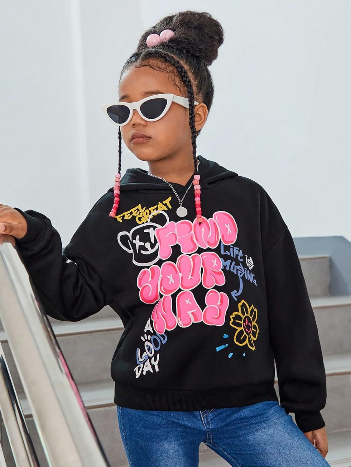 WDIRARA Girl's Cartoon Letter Graphic Hoodie Drop Shoulder Long Sleeve Pullover Sweatshirt - Image 2