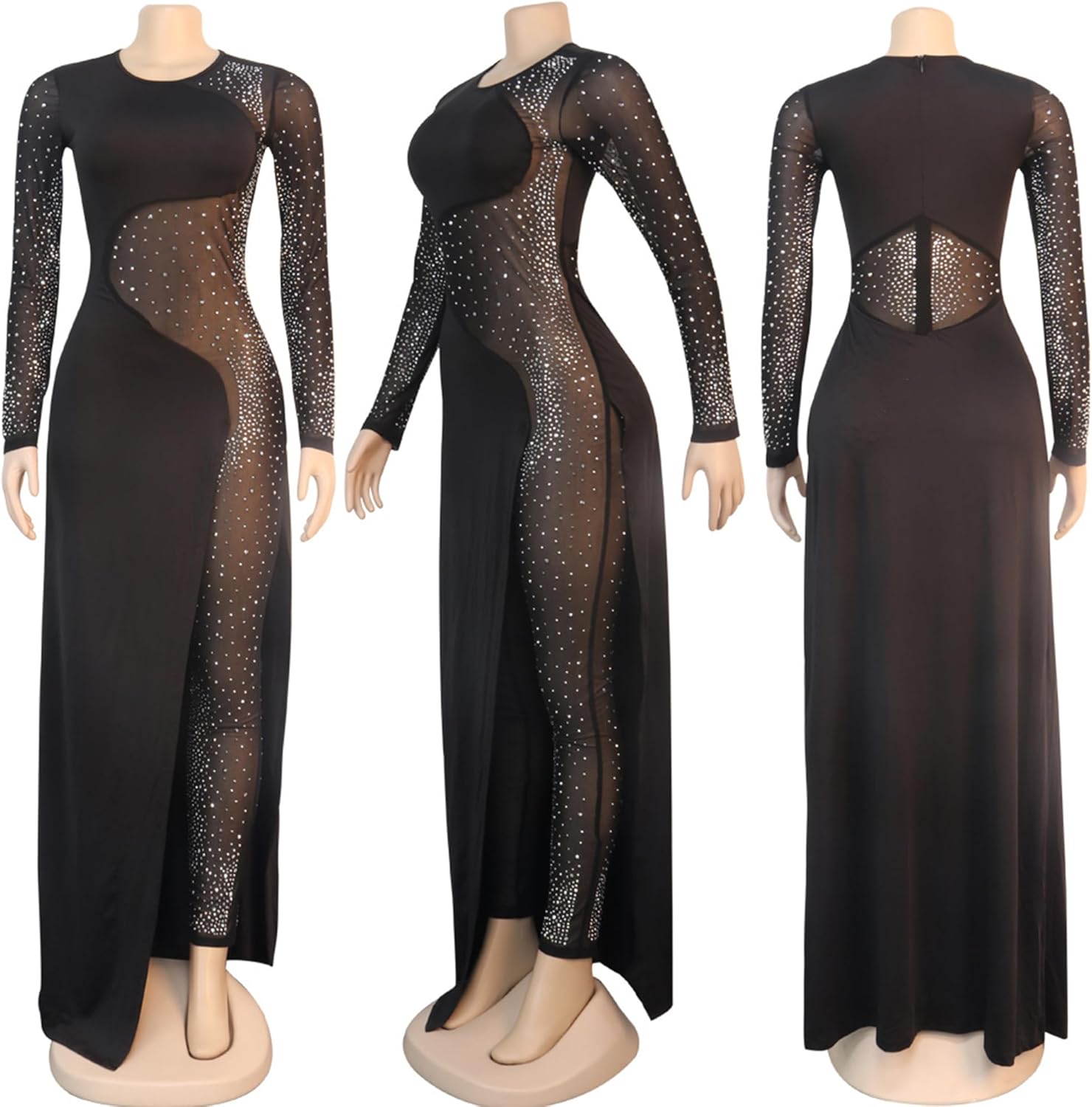 Women Sexy Embellished Rhinestone Bodycon Jumpsuit Mesh See Through Patchwork Birthday Party Night Out Clubwear - Image 5