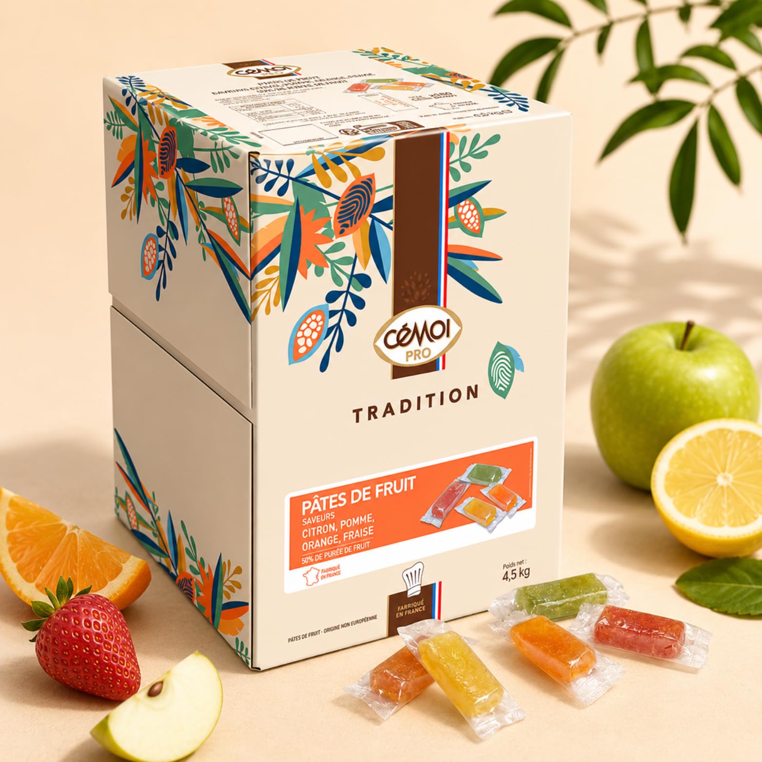 CEMOI | Boite distributrice de 220 Pâtes de Fruits | 4.5 kgs - Barres Individuelles 20.5g | 4 Saveurs Citron Orange Fraise Pomme - Fabrication Française | Idéal pour les comptoirs professionnels
