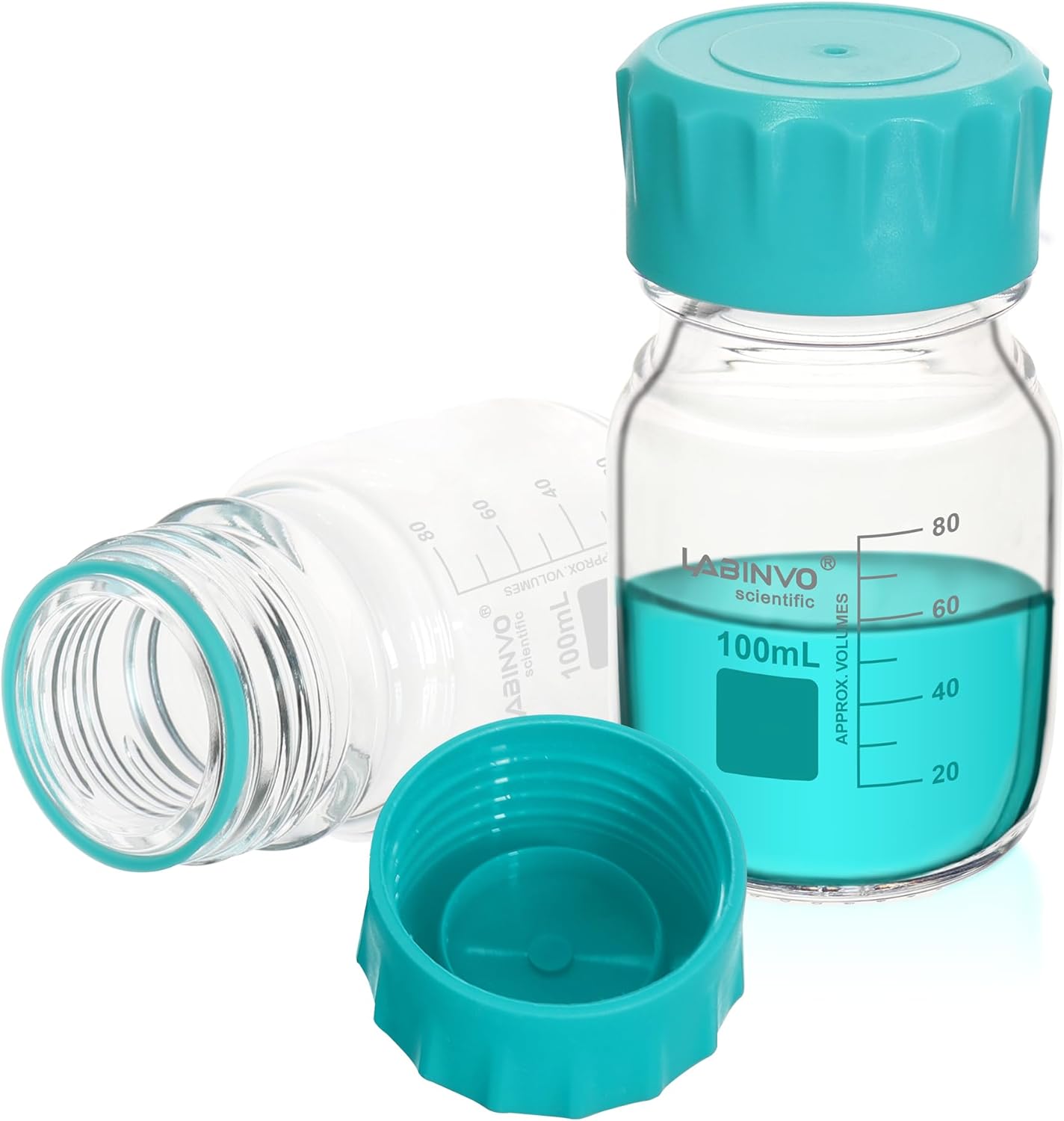 Botellas redondas de vidrio, 12 piezas de botella de almacenamiento de reactivo de vidrio de borosilicato vol.3.4 fl oz con tapón de rosca GL45,